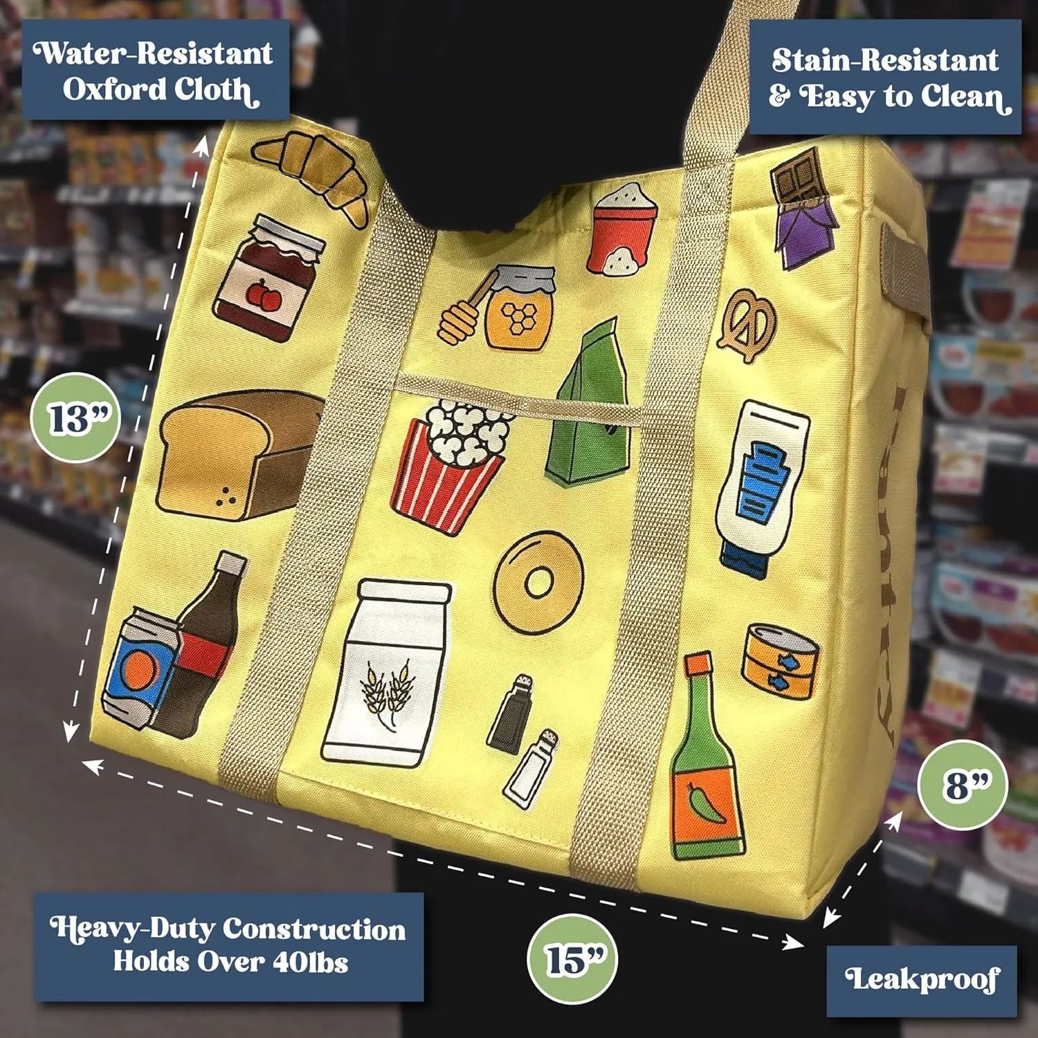 | Reusable Grocery Bags, Large Shopping Bags with Straps, Zipper or Drawstring - Leakproof Insulated Cooler Bag