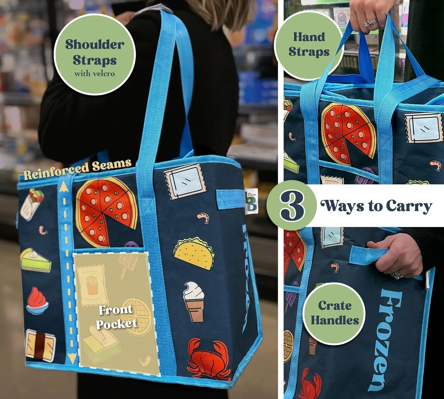 | Reusable Grocery Bags, Large Shopping Bags with Straps, Zipper or Drawstring - Leakproof Insulated Cooler Bag