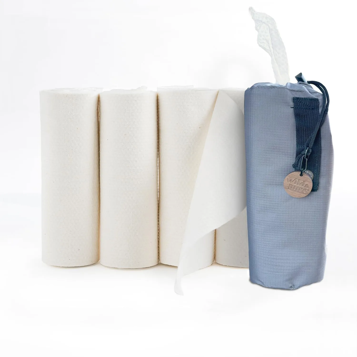 100% Cotton Dry Wipes with Dispenser Bag & 4 Refills | Wild & Pure | Unbleached | Compostable | Reusable or Disposable | Made in USA | Soft & Absorbent (5 Rolls with 30 sheets each)