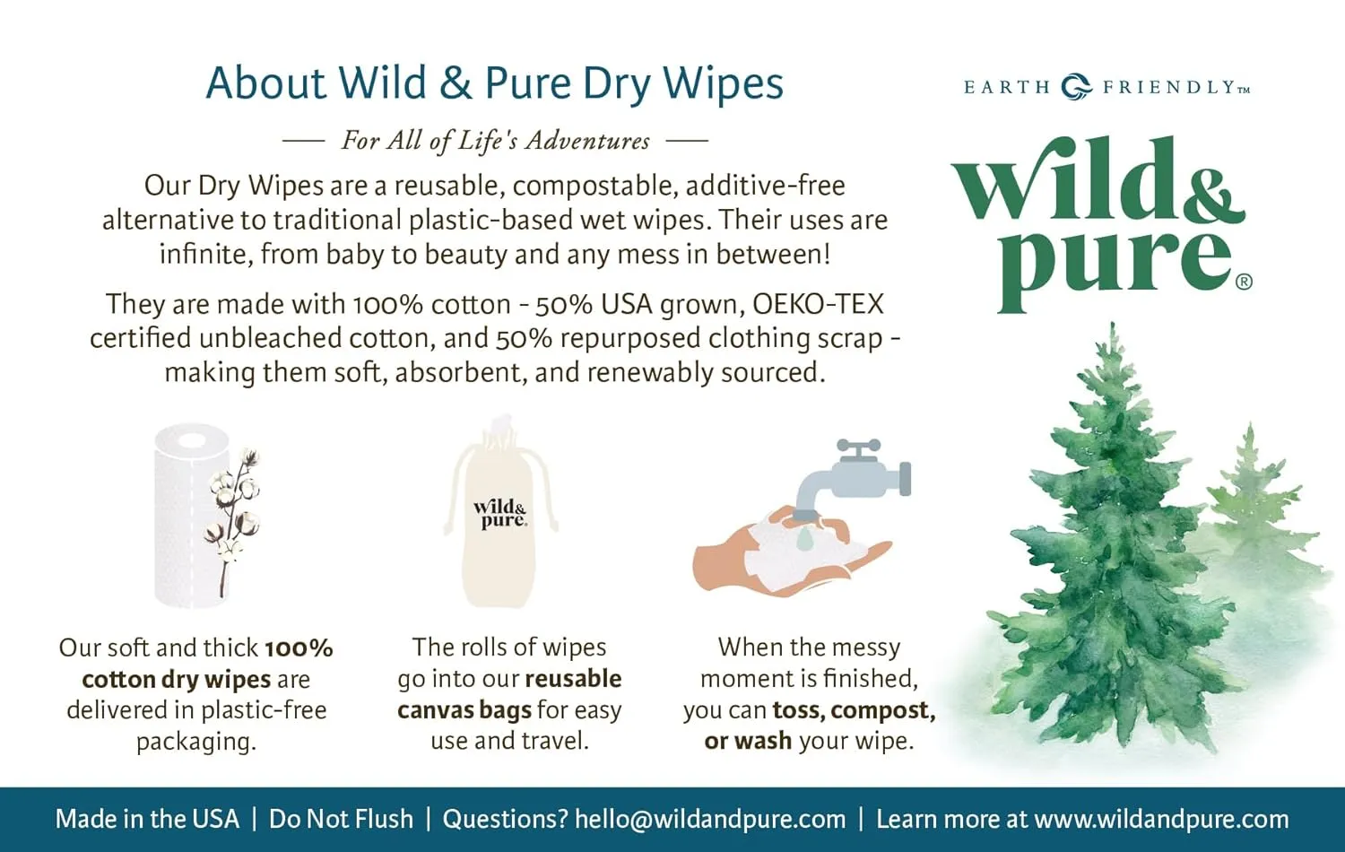 100% Cotton Dry Wipes with Dispenser Bag & 4 Refills | Wild & Pure | Unbleached | Compostable | Reusable or Disposable | Made in USA | Soft & Absorbent (5 Rolls with 30 sheets each)