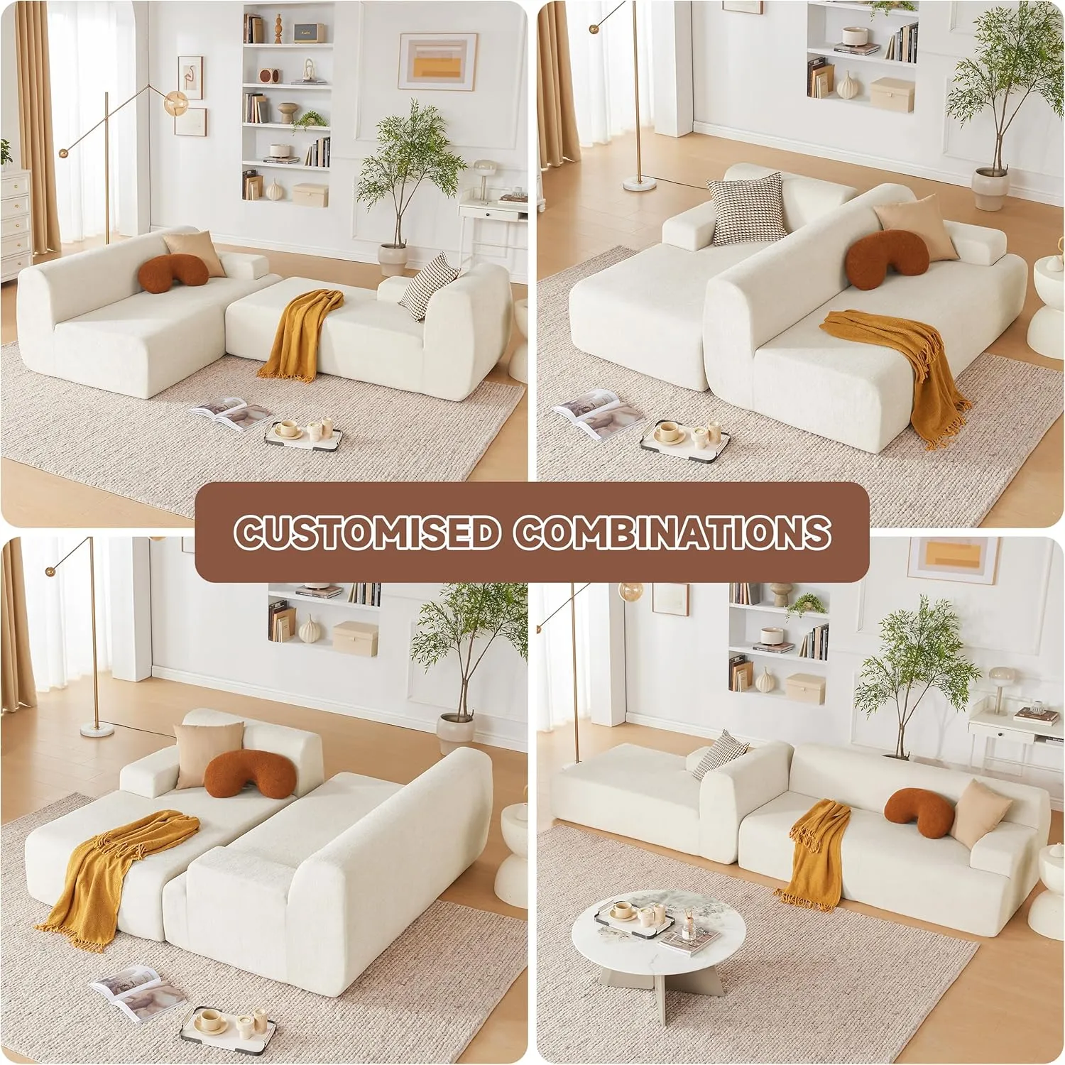 107" Modular Sectional Sofa, Sponge Sofa for Living Room, High Density Sponges Cloud Couch,Modular L-Shape Sofa Couch with Chaise, (Beige)