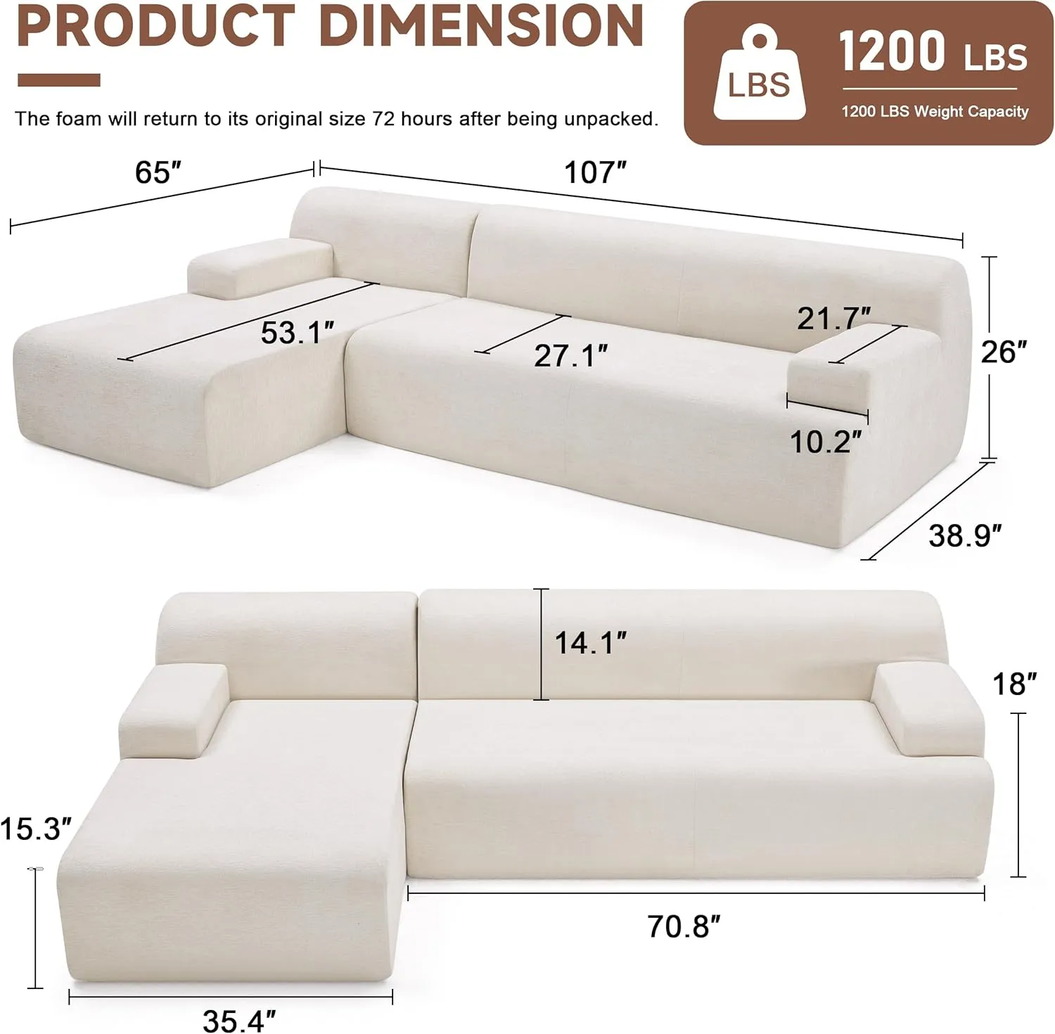 107" Modular Sectional Sofa, Sponge Sofa for Living Room, High Density Sponges Cloud Couch,Modular L-Shape Sofa Couch with Chaise, (Beige)