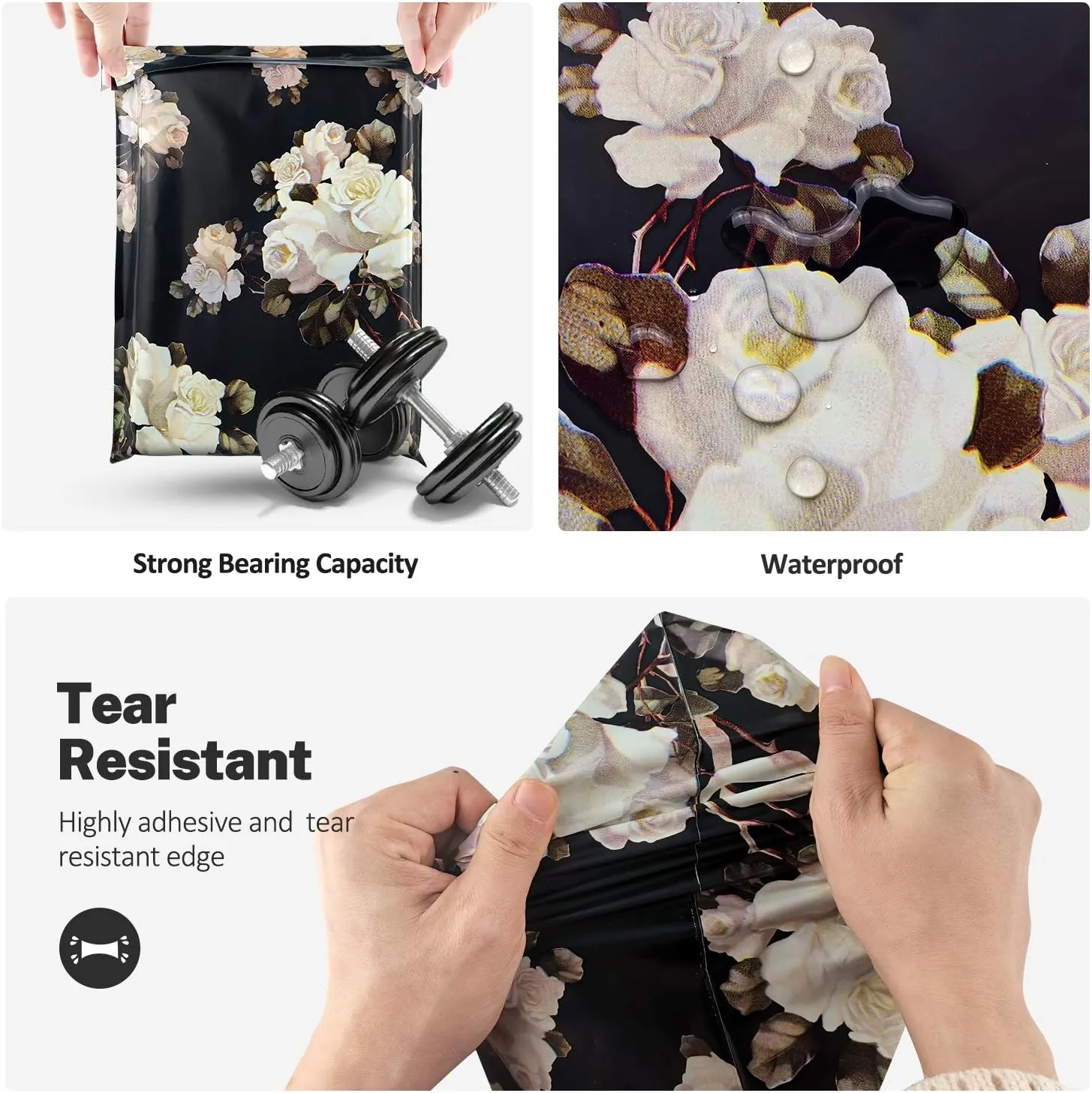10X13 (100 Pack) Floral Pattern Poly Mailer Envelope Plastic Custom Mailing & Shipping Bags - Self Seal (White Rose)