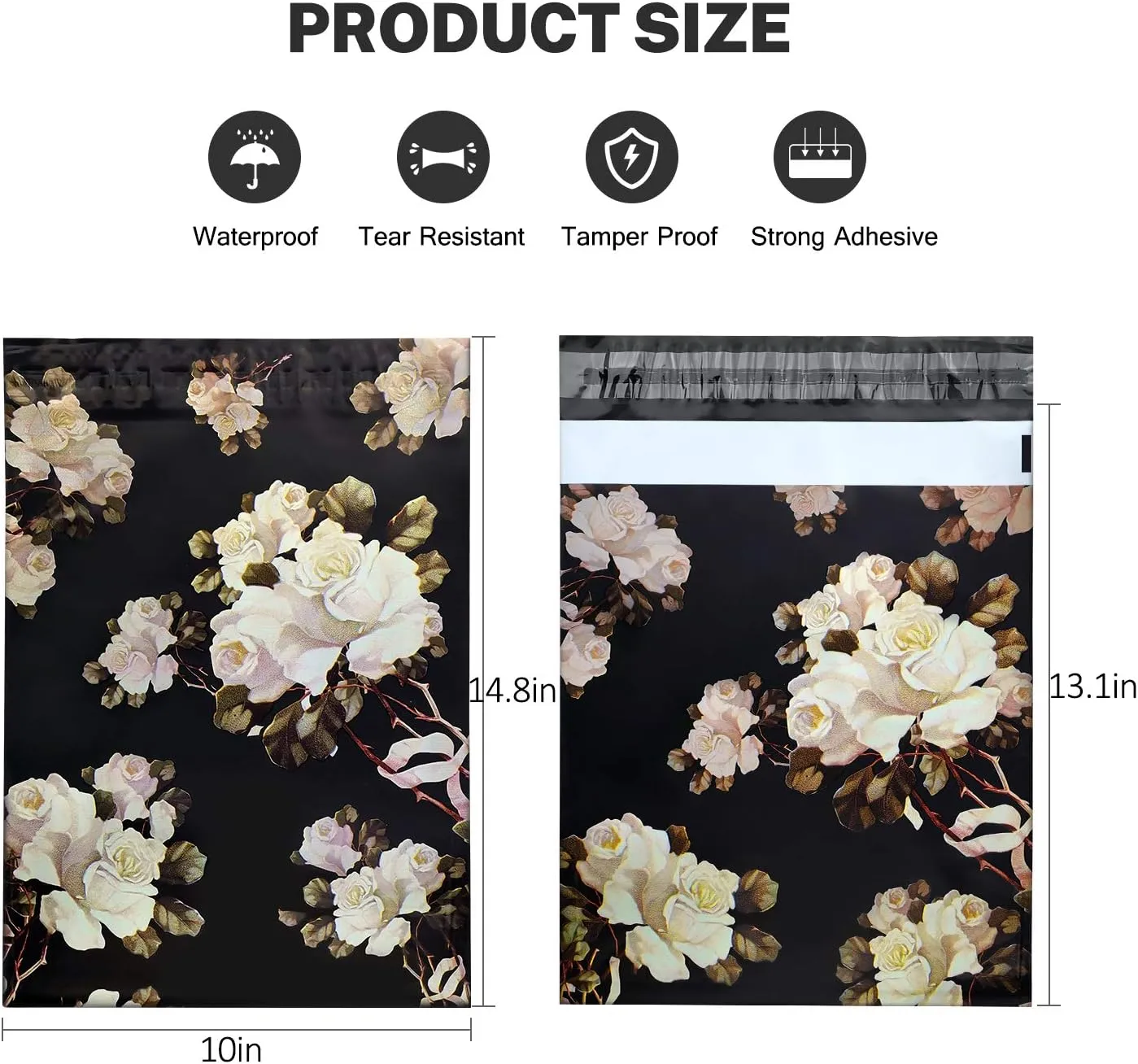 10X13 (100 Pack) Floral Pattern Poly Mailer Envelope Plastic Custom Mailing & Shipping Bags - Self Seal (White Rose)