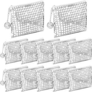 12 Pack Disco Cosmetic Bags Portable Silver Glitter Sequin Mirror Makeup Organizer with Zipper, Suit for Bachelorette, New Years Eve, 70s, 80s, 90s Disco Party Favors