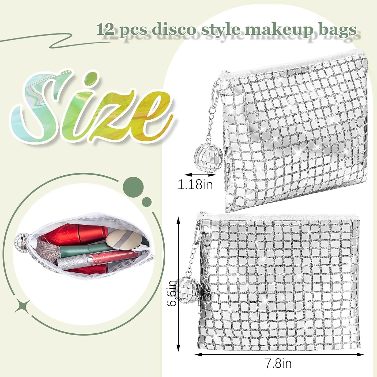 12 Pack Disco Cosmetic Bags Portable Silver Glitter Sequin Mirror Makeup Organizer with Zipper, Suit for Bachelorette, New Years Eve, 70s, 80s, 90s Disco Party Favors