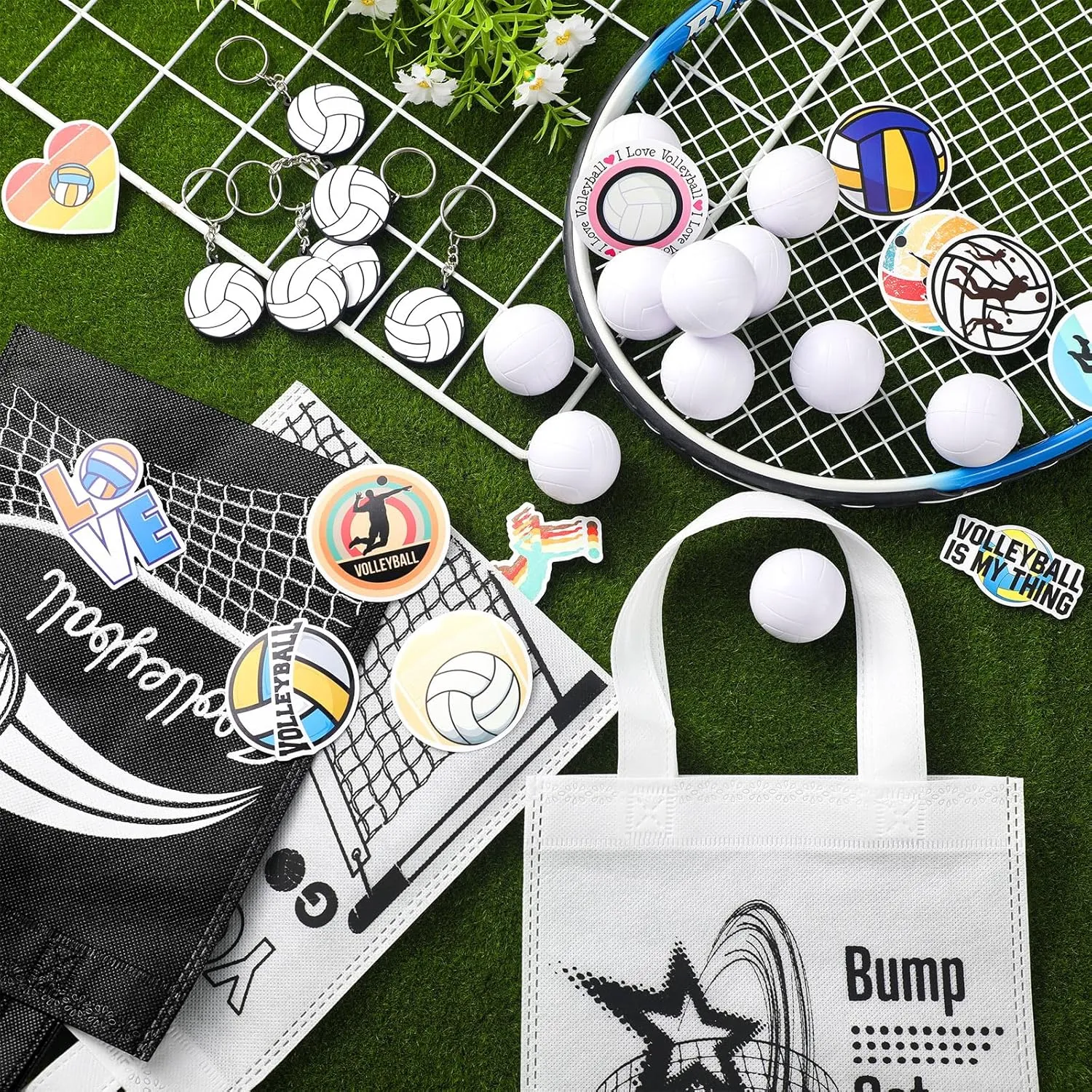 146 Pcs Volleyball Gifts for Teen Girls Bulk Volleyball Party Favors 24 Goodie Bags 24 Keychains 50 Stickers 24 Hair Ties 24 Sports Stress Ball for Players Team