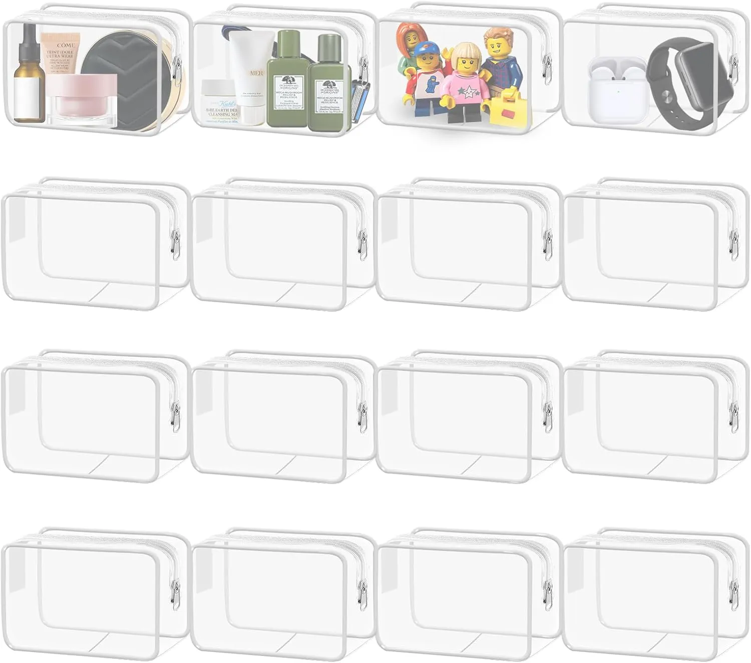 16 Pieces Clear Toiletry Bag, Portable Travel Makeup Bags with Zipper, PVC Cosmetic Pouch, TSA Approved Clear Organizer Case for Vacation Bathroom（White,Small