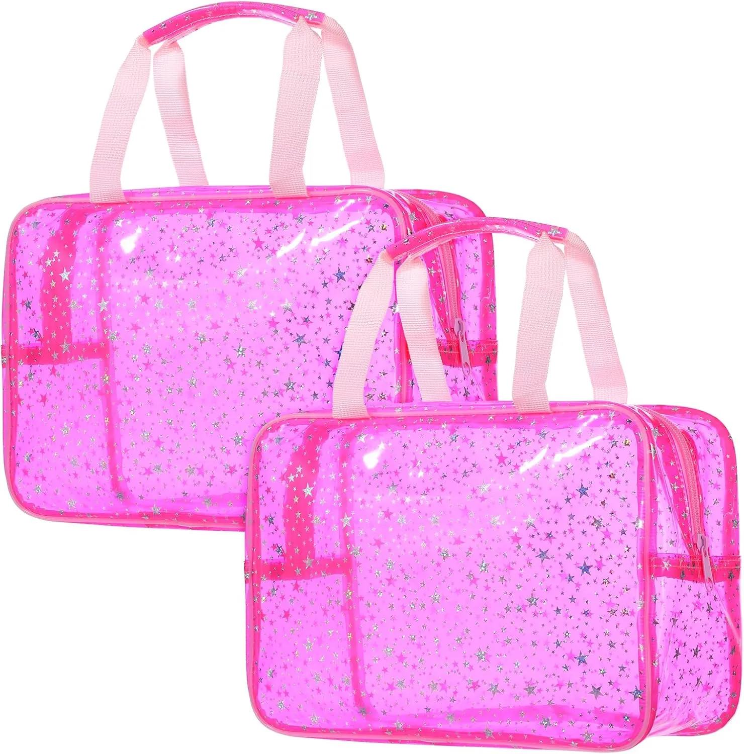 2 Pack Pink Clear Cosmetic Bag with Star Pattern, 12x5x8 inch Large Makeup Bag with Handle Portable Waterproof Beach Bags PVC Material Washbag Zipper Opening Design for Makeup Travel Gym Use