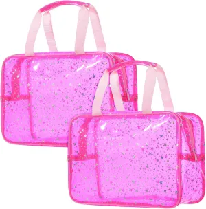 2 Pack Pink Clear Cosmetic Bag with Star Pattern, 12x5x8 inch Large Makeup Bag with Handle Portable Waterproof Beach Bags PVC Material Washbag Zipper Opening Design for Makeup Travel Gym Use