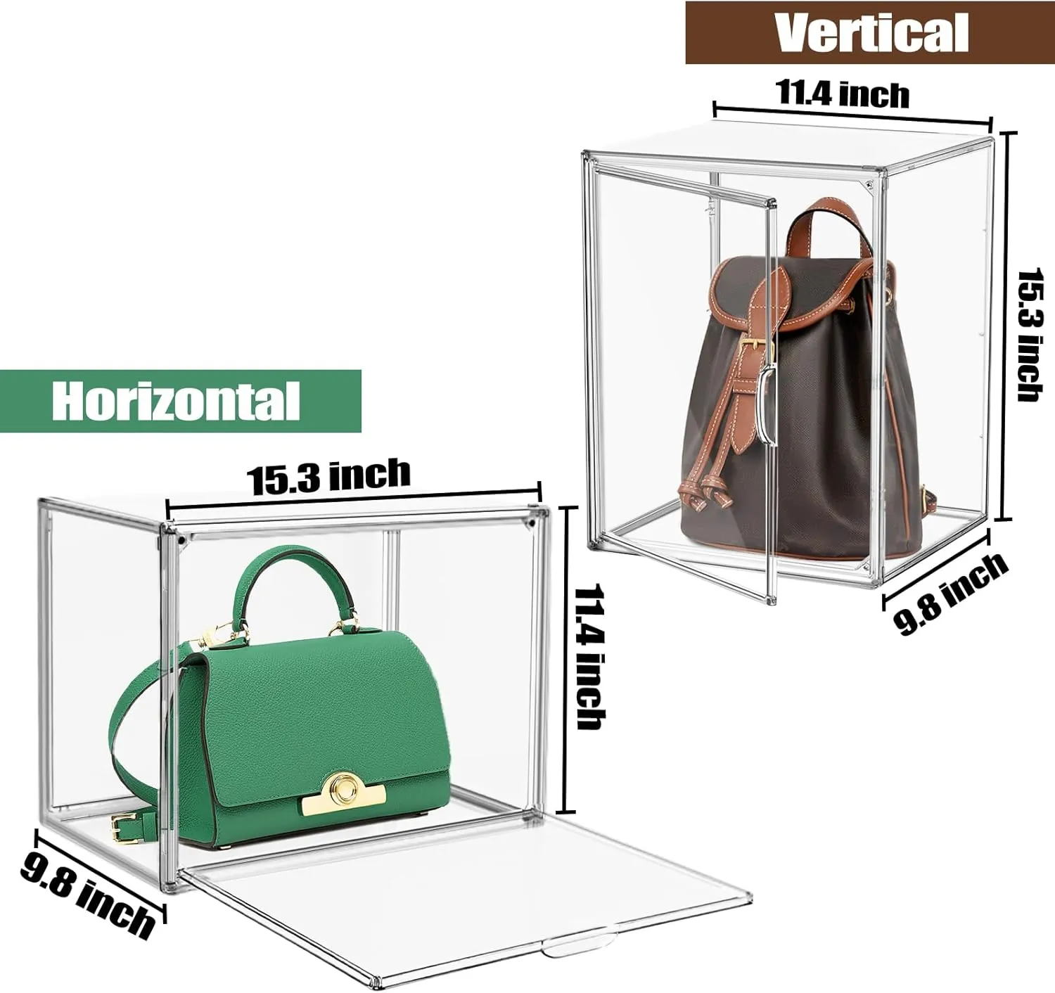 2 Pcs Super Large Acrylic Display Case Purse Handbag Storage Organizer for Closet Clear Stackable Bag Boot Shoe Boxes with Magnetic Door