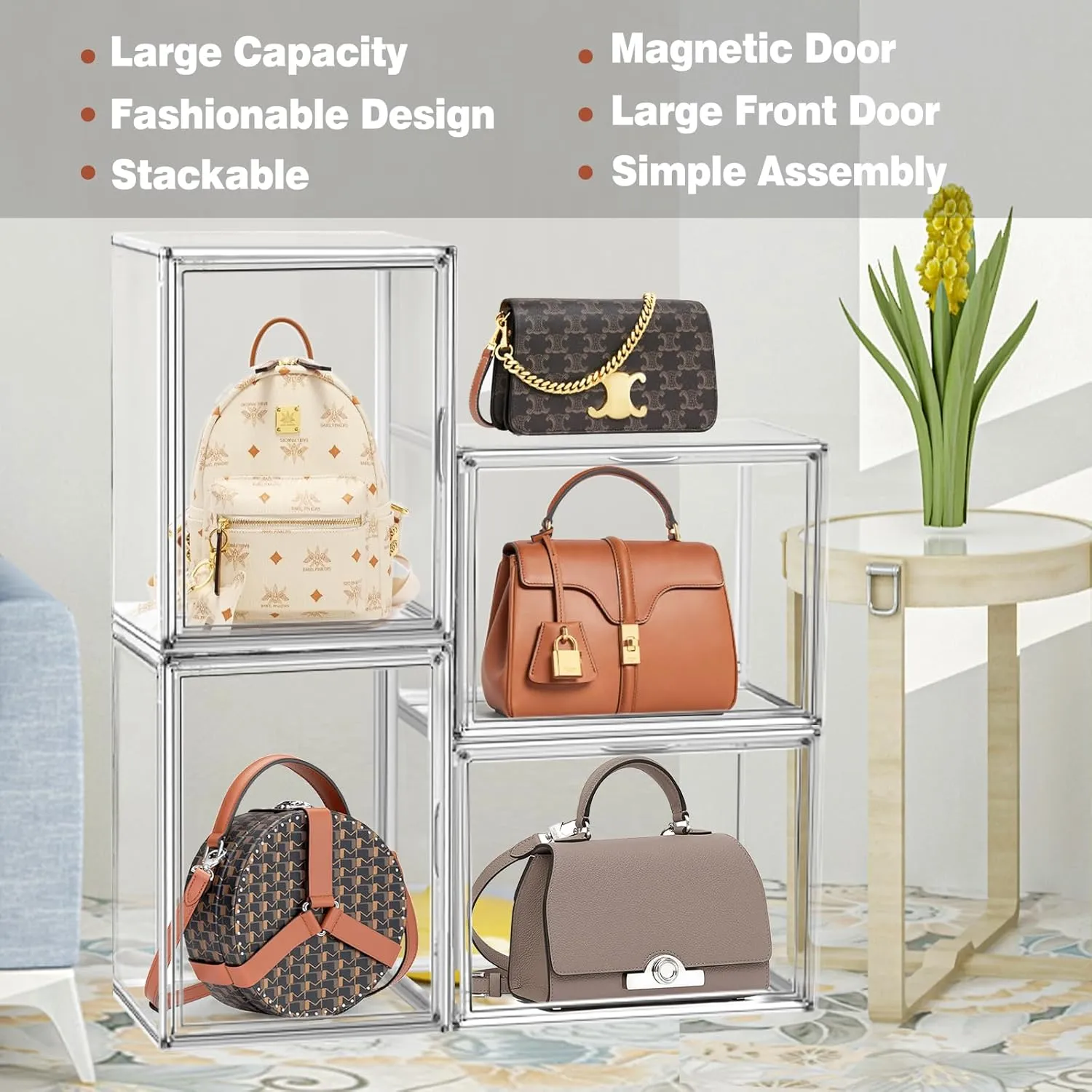 2 Pcs Super Large Acrylic Display Case Purse Handbag Storage Organizer for Closet Clear Stackable Bag Boot Shoe Boxes with Magnetic Door