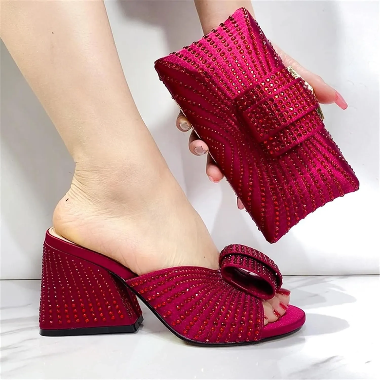 2025 Fashion Designed Soild Elegant Shoe Bag Set Classic Style African Women's Round Toe High Heels for Wedding Party