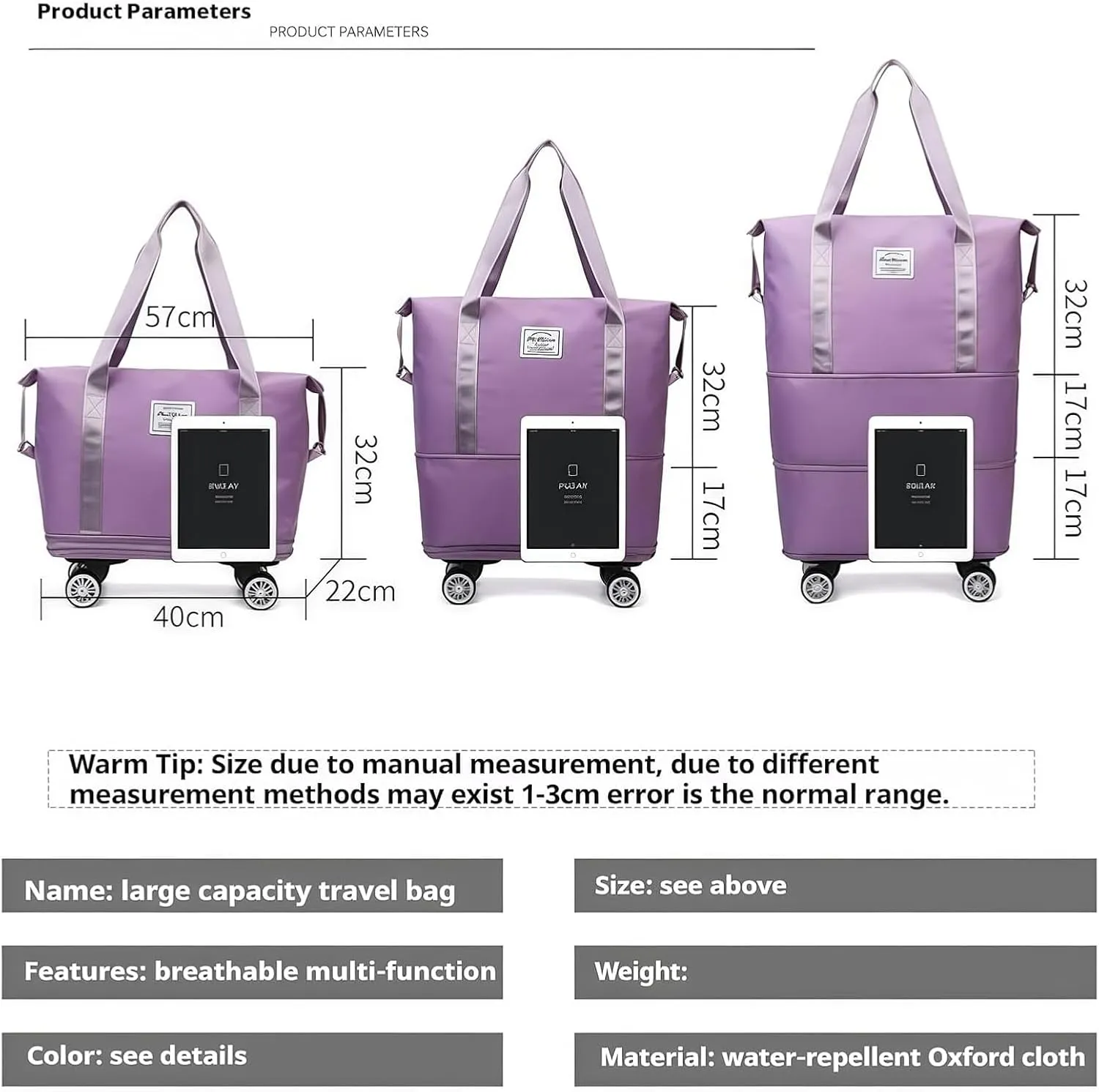 2025 New Pepepo Travel Bag with Wheels, Large Capacity Travel Bag - Universal Wheel Removable, Expandable Foldable Duffle Bag, Large Capacity Wide-Open, Dry and Wet Separation (Purple)