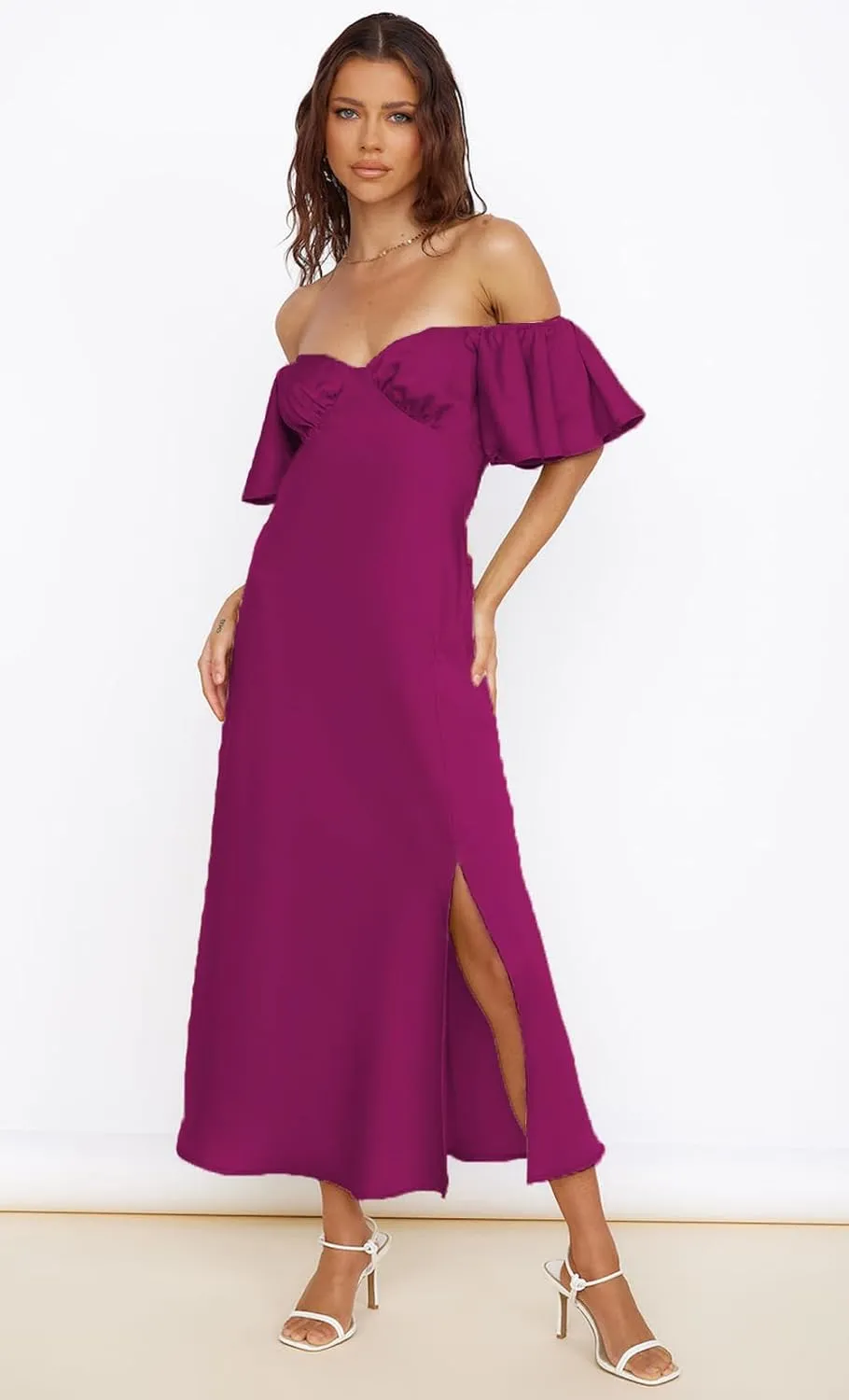 2025 Summer Women's Satin Off Shoulder Formal Dress Wedding Guest Elegant Butterfly Sleeve Split Cocktail Prom Midi Dresses