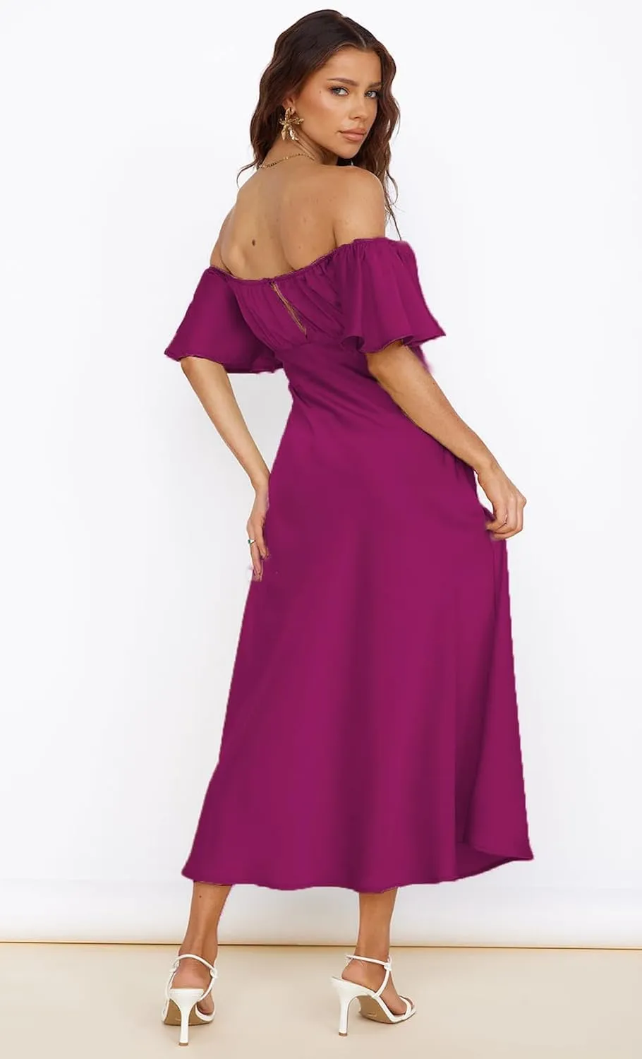 2025 Summer Women's Satin Off Shoulder Formal Dress Wedding Guest Elegant Butterfly Sleeve Split Cocktail Prom Midi Dresses
