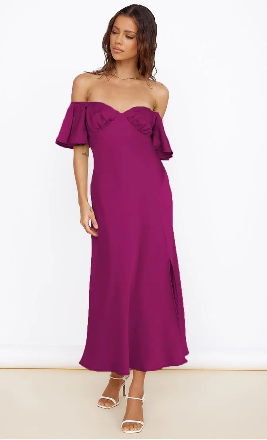 2025 Summer Women's Satin Off Shoulder Formal Dress Wedding Guest Elegant Butterfly Sleeve Split Cocktail Prom Midi Dresses