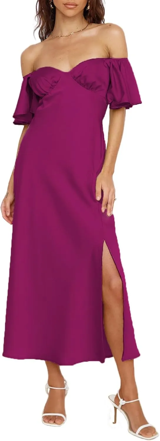 2025 Summer Women's Satin Off Shoulder Formal Dress Wedding Guest Elegant Butterfly Sleeve Split Cocktail Prom Midi Dresses