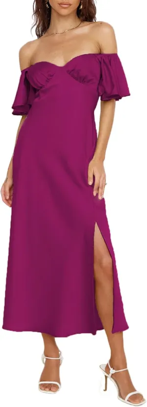 2025 Summer Women's Satin Off Shoulder Formal Dress Wedding Guest Elegant Butterfly Sleeve Split Cocktail Prom Midi Dresses