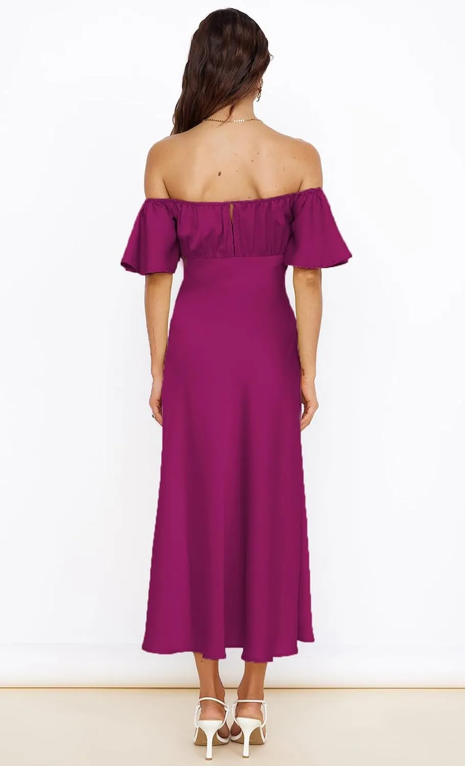 2025 Summer Women's Satin Off Shoulder Formal Dress Wedding Guest Elegant Butterfly Sleeve Split Cocktail Prom Midi Dresses
