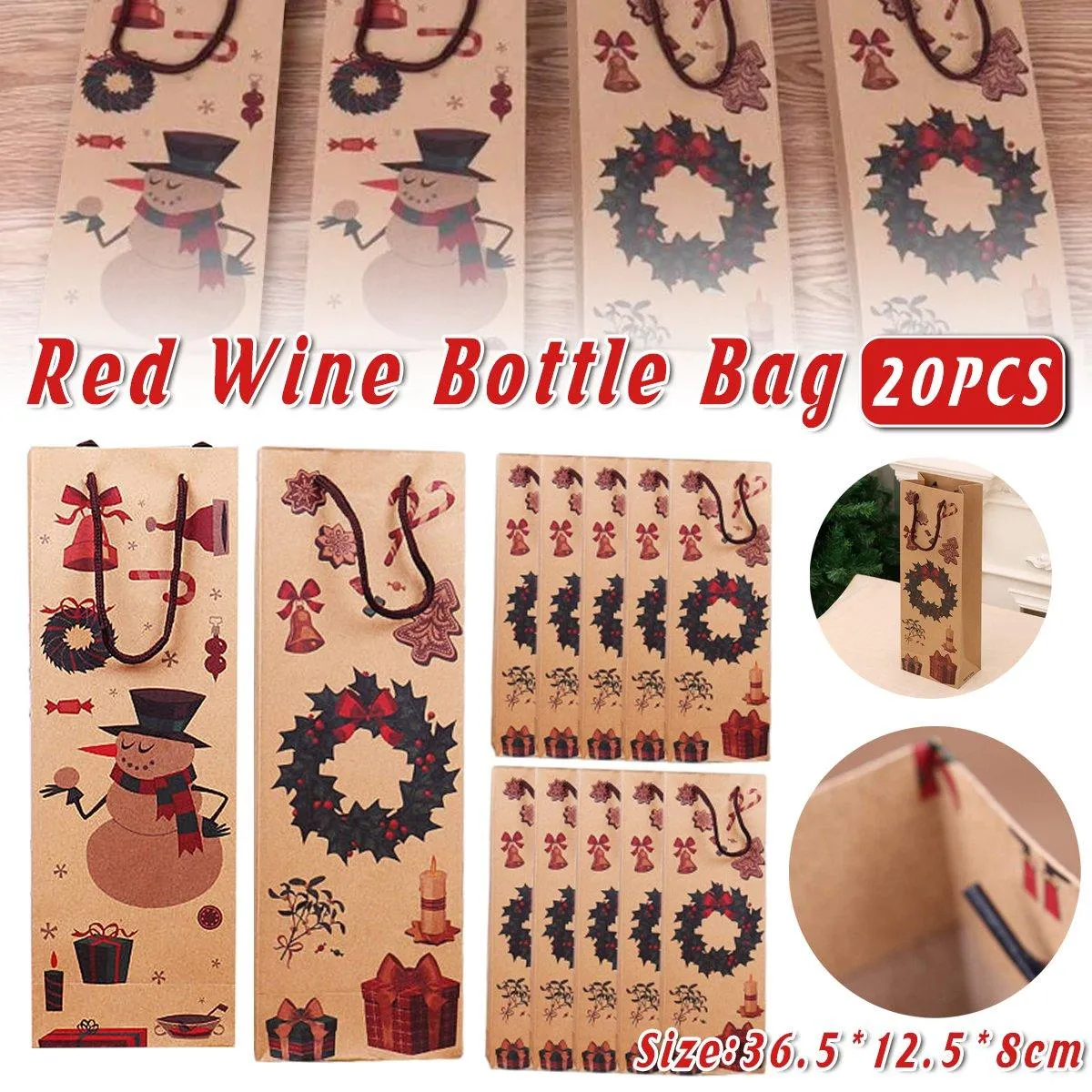 20PCS Christmas Red Wine Gift Kraft Paper Bottle Bags