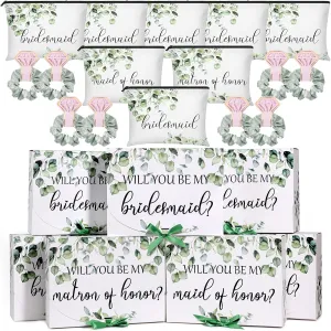 24 Pcs Wedding Themed Supplies Include 8 Bridesmaid Proposal Box 8 Bridesmaid Canvas Makeup Bags Matron of Honor Bag and 8 Hair Scrunchies Bridal Satin Hair Band for Bridal Shower Wedding Party