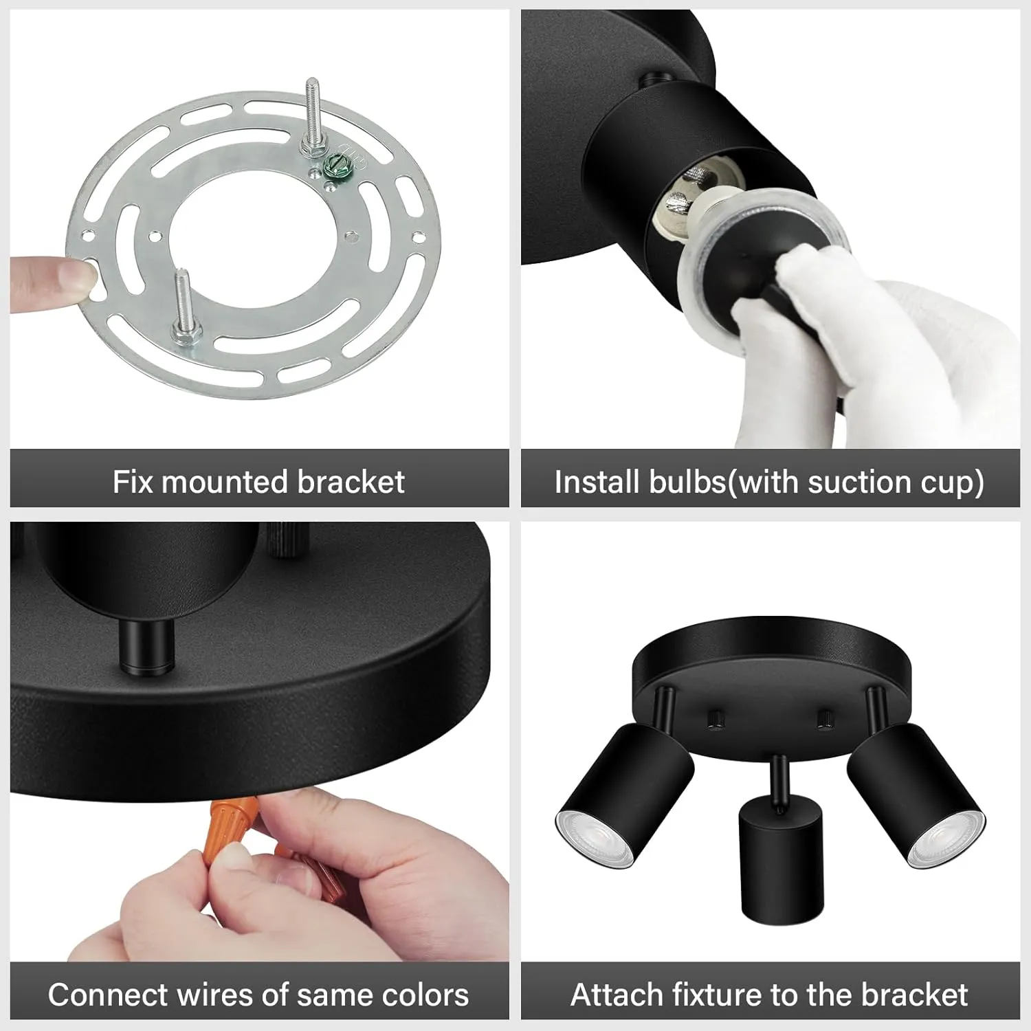 3 Light Track Lighting Fixtures Ceiling, Matte Black Round Directional Ceiling Spotlight, GU10 Flush Mount Ceiling/Wall Fixture, Adjustable Modern LED Track Light for Kitchen/Living Room, No Bulb