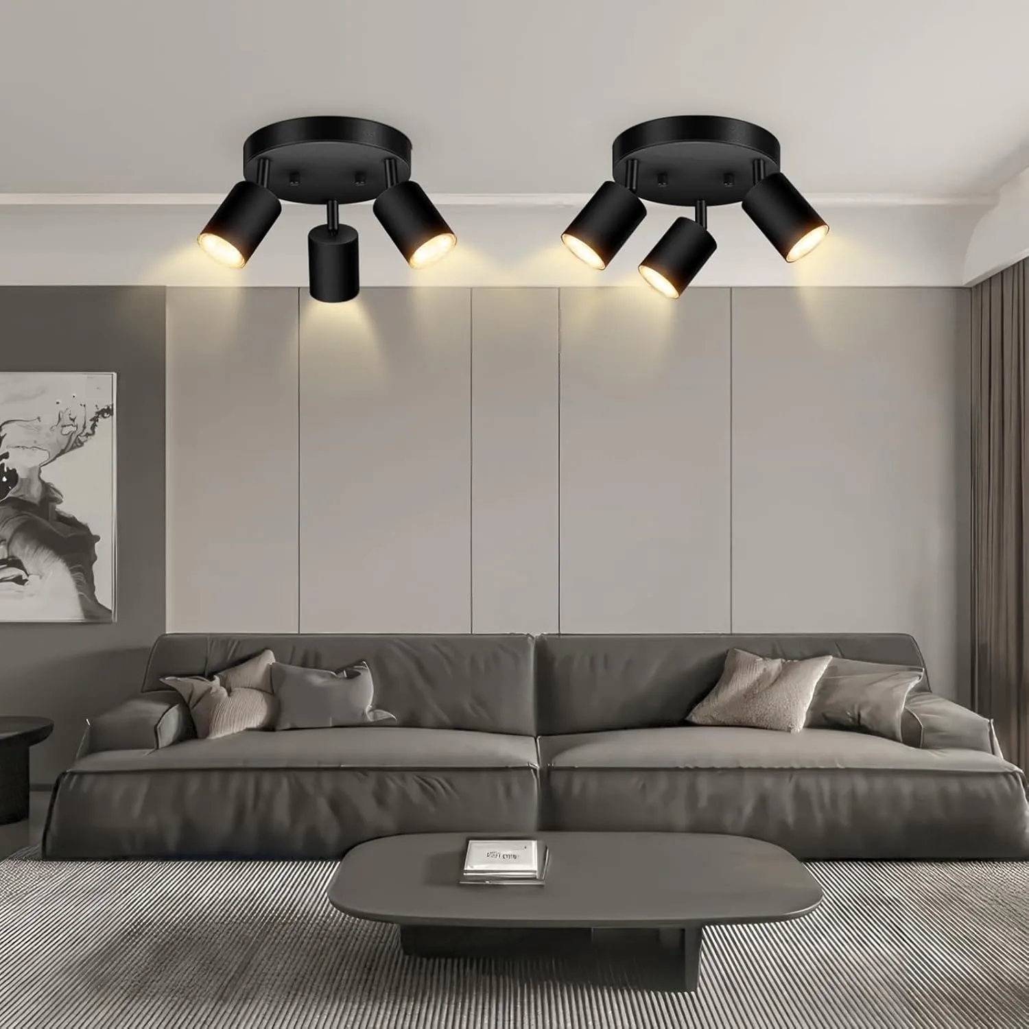 3 Light Track Lighting Fixtures Ceiling, Matte Black Round Directional Ceiling Spotlight, GU10 Flush Mount Ceiling/Wall Fixture, Adjustable Modern LED Track Light for Kitchen/Living Room, No Bulb