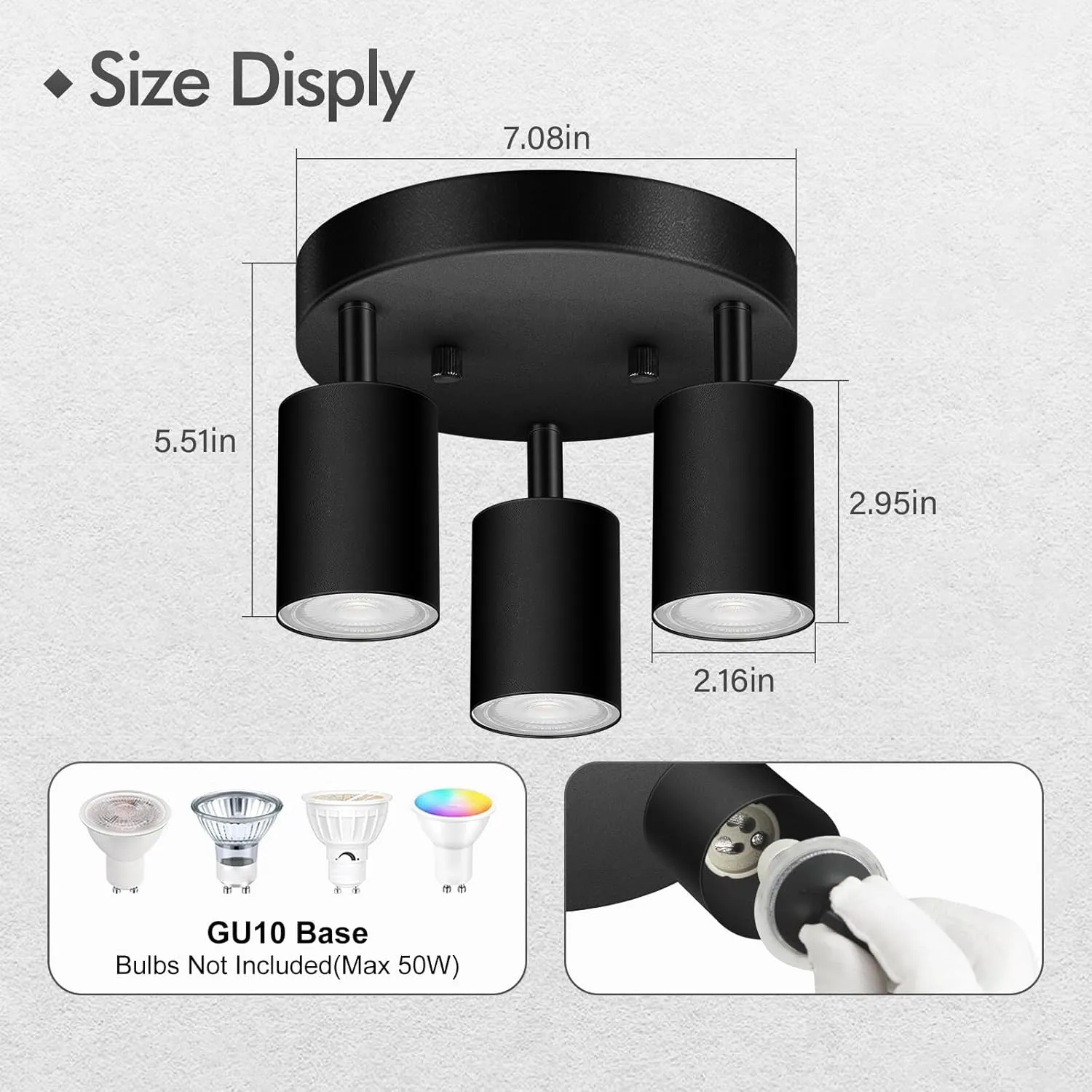 3 Light Track Lighting Fixtures Ceiling, Matte Black Round Directional Ceiling Spotlight, GU10 Flush Mount Ceiling/Wall Fixture, Adjustable Modern LED Track Light for Kitchen/Living Room, No Bulb