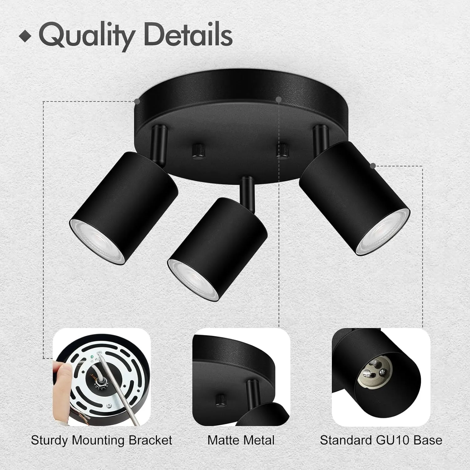 3 Light Track Lighting Fixtures Ceiling, Matte Black Round Directional Ceiling Spotlight, GU10 Flush Mount Ceiling/Wall Fixture, Adjustable Modern LED Track Light for Kitchen/Living Room, No Bulb