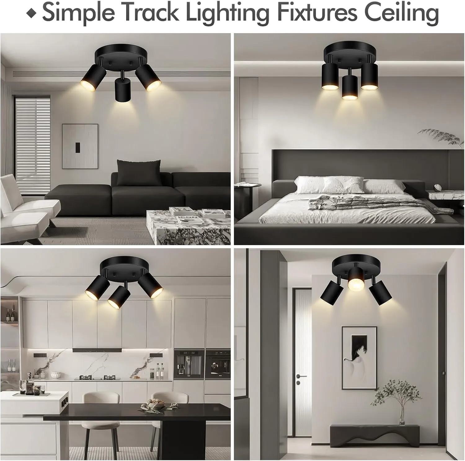 3 Light Track Lighting Fixtures Ceiling, Matte Black Round Directional Ceiling Spotlight, GU10 Flush Mount Ceiling/Wall Fixture, Adjustable Modern LED Track Light for Kitchen/Living Room, No Bulb