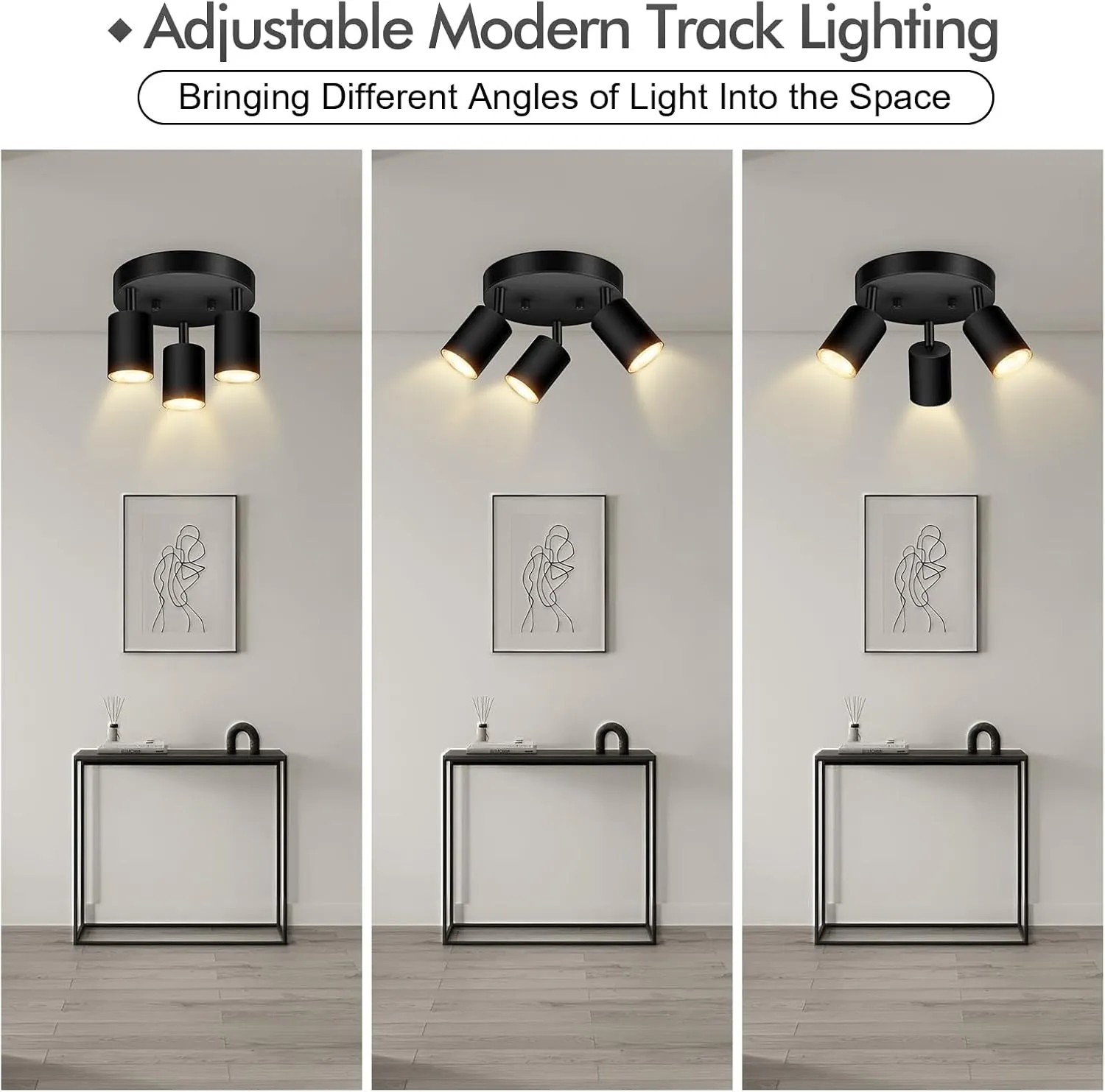 3 Light Track Lighting Fixtures Ceiling, Matte Black Round Directional Ceiling Spotlight, GU10 Flush Mount Ceiling/Wall Fixture, Adjustable Modern LED Track Light for Kitchen/Living Room, No Bulb