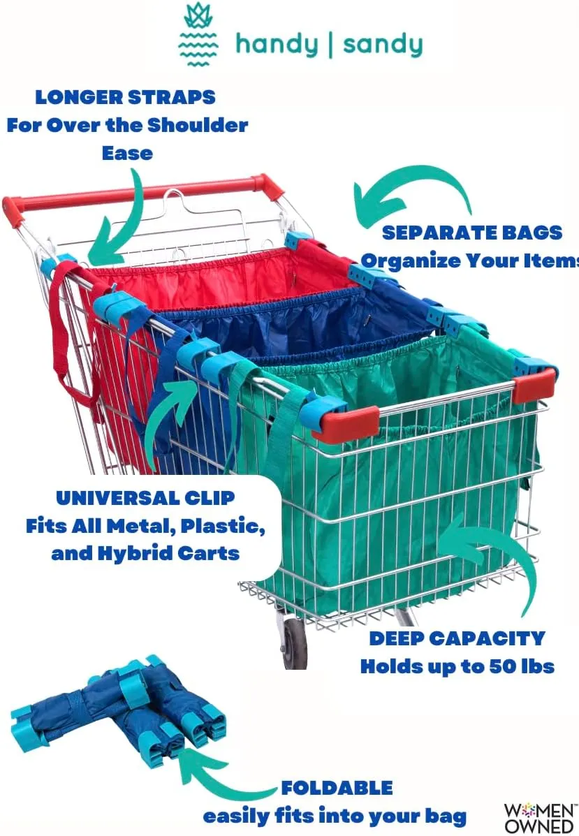3-Pack Reusable Shopping Bags – Eco-Friendly Grocery Organizers with Universal Cart Clips, Zipper Pouch, and Heavy-Duty Design (Black)