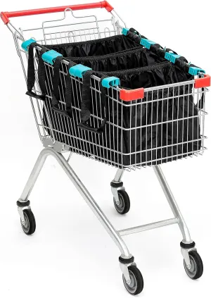 3-Pack Reusable Shopping Bags – Eco-Friendly Grocery Organizers with Universal Cart Clips, Zipper Pouch, and Heavy-Duty Design (Black)