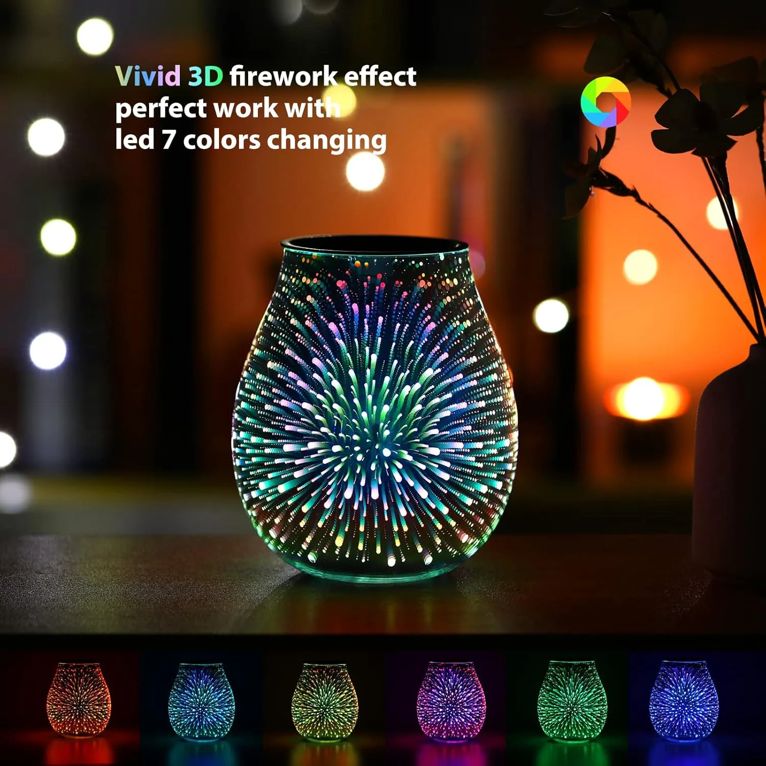3D Glass Electric Wax Melt Warmer Oil Burner with Stable Heating PTC Reusable Silicone Tray 7 Colorful Changing Led Light Night Light Scent Warmer for Home Fragrance Warmers(3D Firework)…