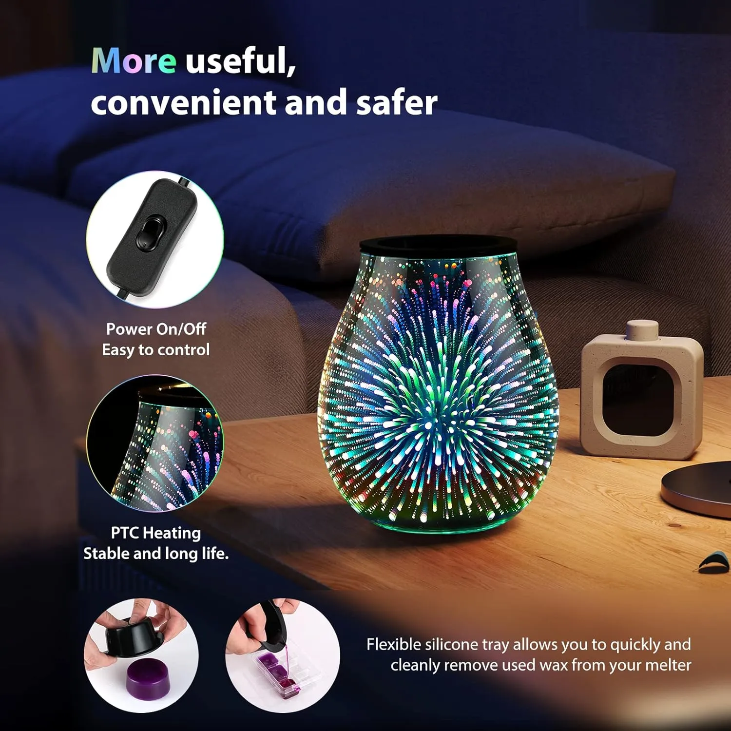 3D Glass Electric Wax Melt Warmer Oil Burner with Stable Heating PTC Reusable Silicone Tray 7 Colorful Changing Led Light Night Light Scent Warmer for Home Fragrance Warmers(3D Firework)…