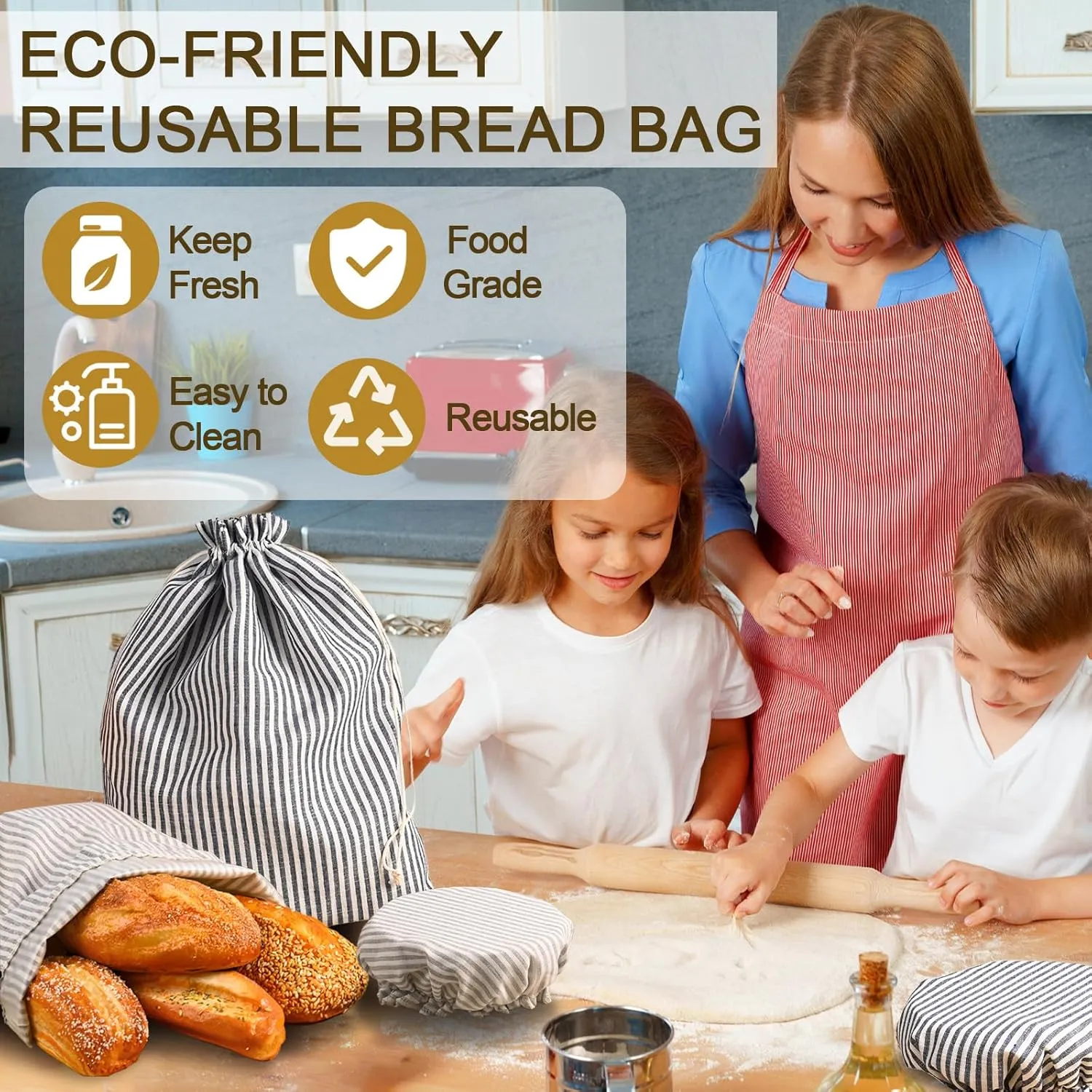 4 Pack Sourdough Bread Bags Linen Bread Bags for Homemade Bread Sourdough with Bowl Cover - Reusable Bread Storage Bags Sourdough Bread Bag & Beeswax Bread Bag with Bread Proofing Cover