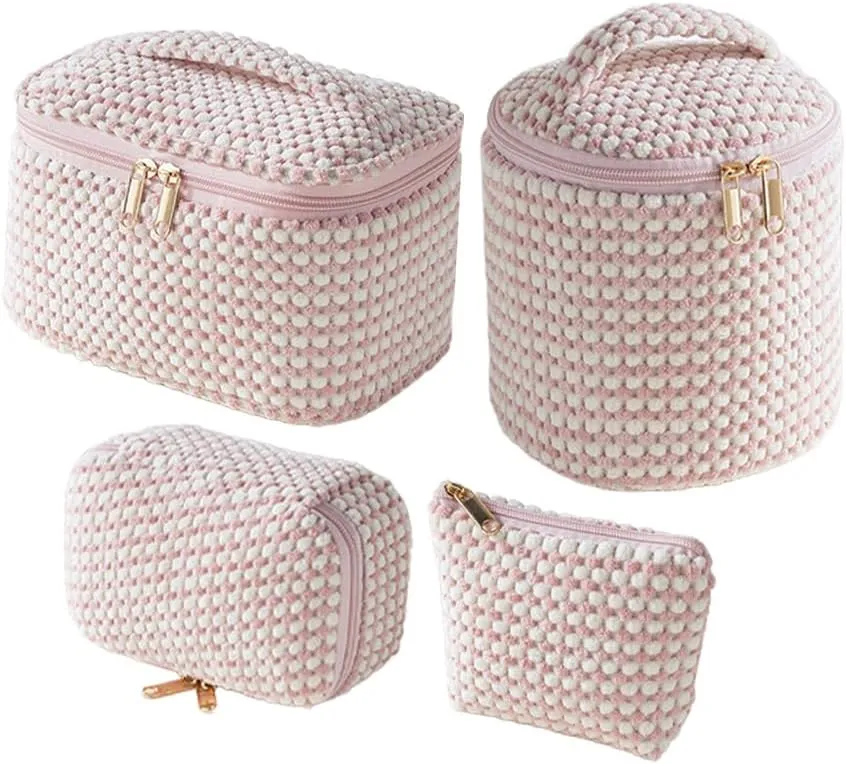 4 Packs Cosmetic Travel Bag Set, Portable Makeup Organizer Cases for Women (Pink White)