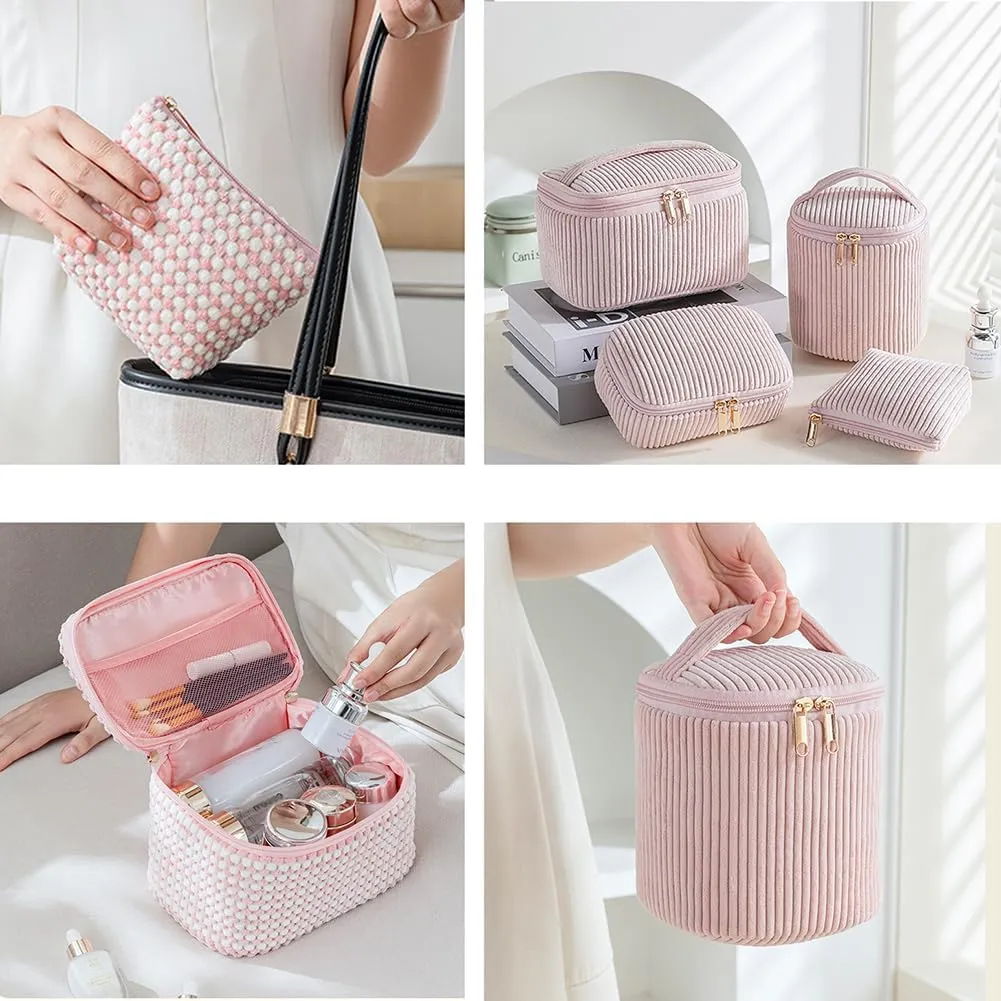 4 Packs Cosmetic Travel Bag Set, Portable Makeup Organizer Cases for Women (Pink White)