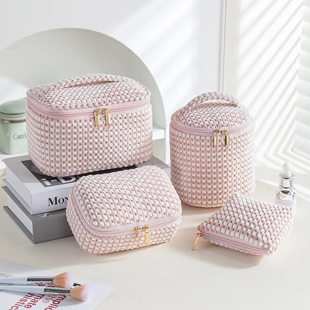 4 Packs Cosmetic Travel Bag Set, Portable Makeup Organizer Cases for Women (Pink White)