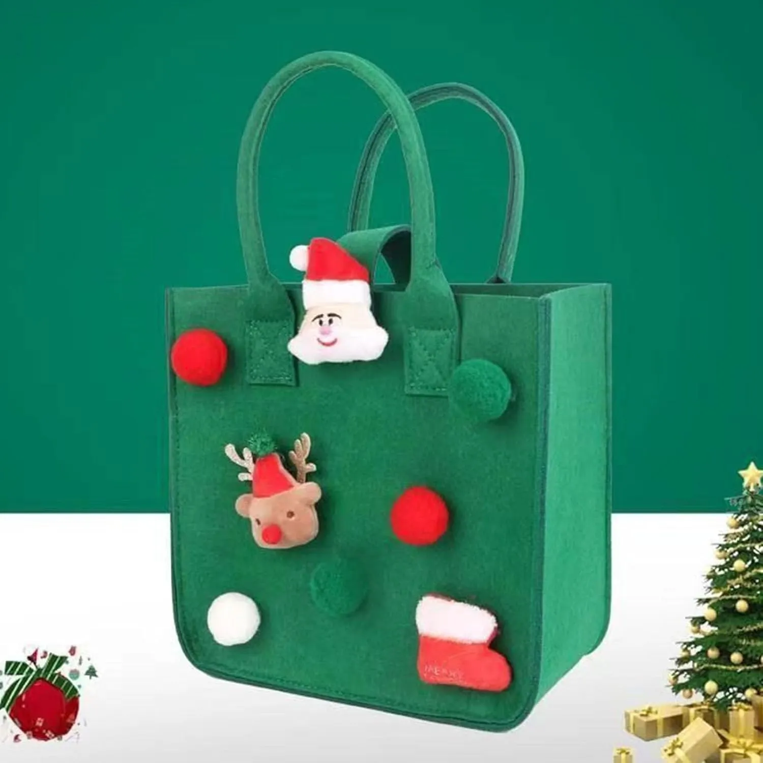4mm Thick Felt Handbag Christmas Cartoon Santa Claus Design Vibrant Color Spacious Tote for Xmas Shopping Eco-Friendly Green Large
