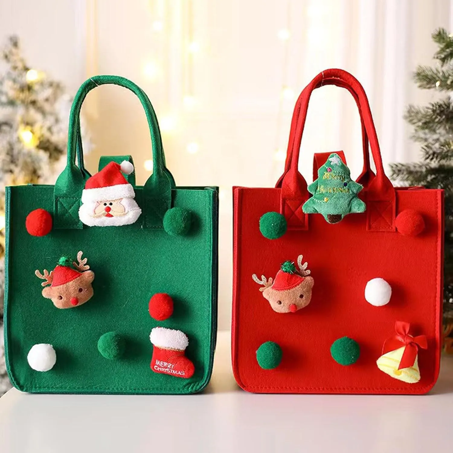 4mm Thick Felt Handbag Christmas Cartoon Santa Claus Design Vibrant Color Spacious Tote for Xmas Shopping Eco-Friendly Green Large