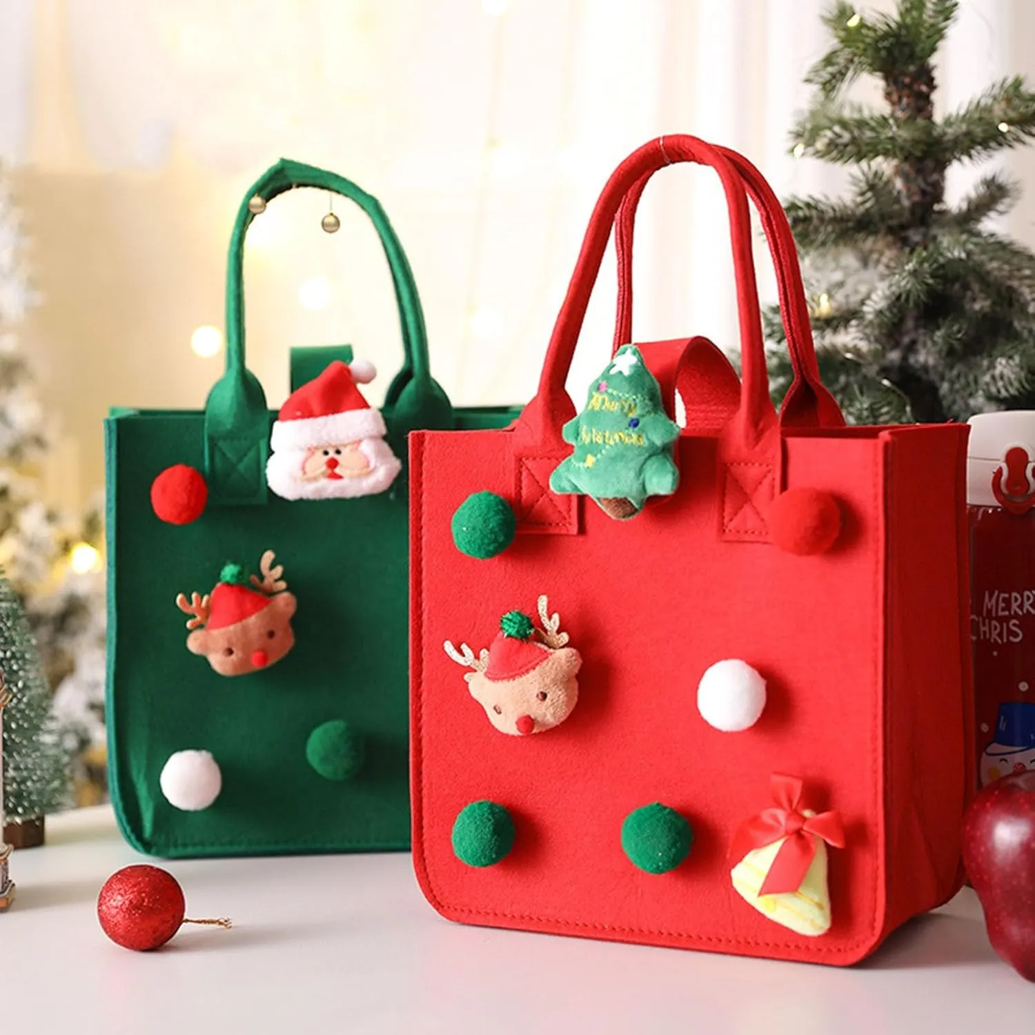 4mm Thick Felt Handbag Christmas Cartoon Santa Claus Design Vibrant Color Spacious Tote for Xmas Shopping Eco-Friendly Green Large