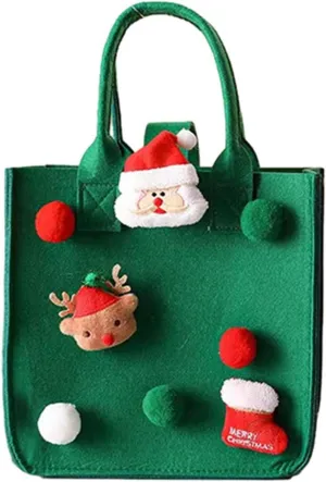 4mm Thick Felt Handbag Christmas Cartoon Santa Claus Design Vibrant Color Spacious Tote for Xmas Shopping Eco-Friendly Green Large