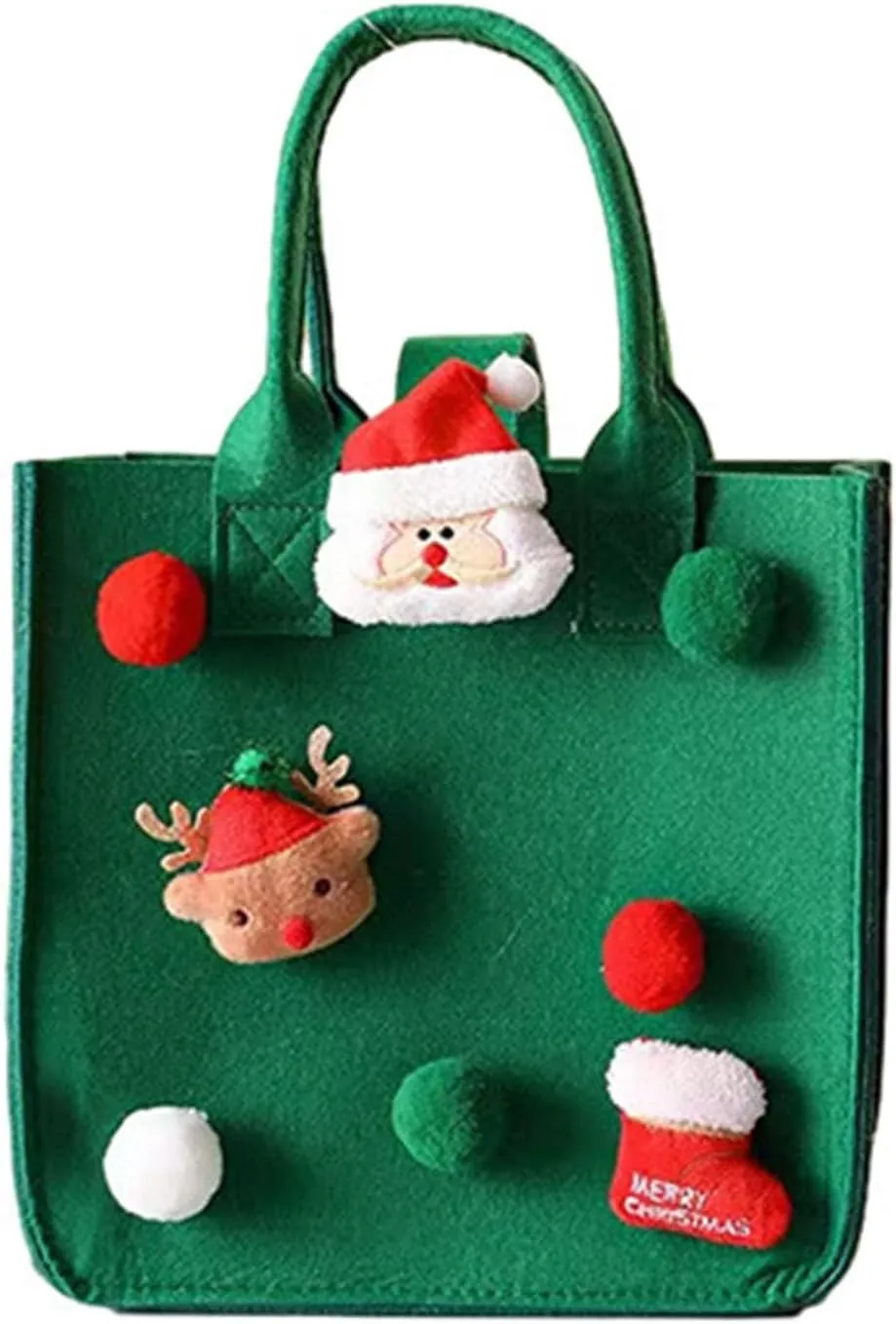 4mm Thick Felt Handbag Christmas Cartoon Santa Claus Design Vibrant Color Spacious Tote for Xmas Shopping Eco-Friendly Green Large