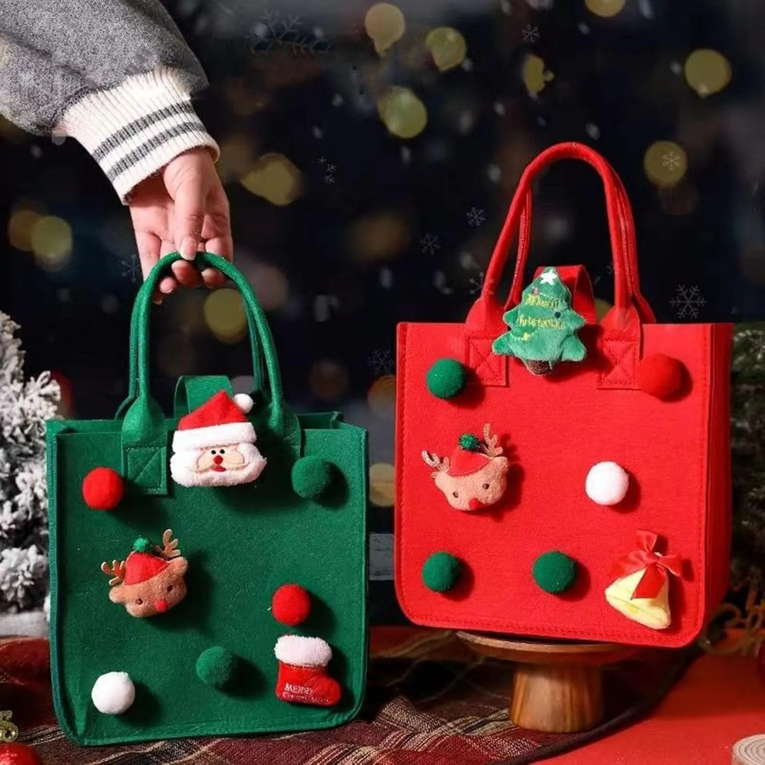 4mm Thick Felt Handbag Christmas Cartoon Santa Claus Design Vibrant Color Spacious Tote for Xmas Shopping Eco-Friendly Green Large