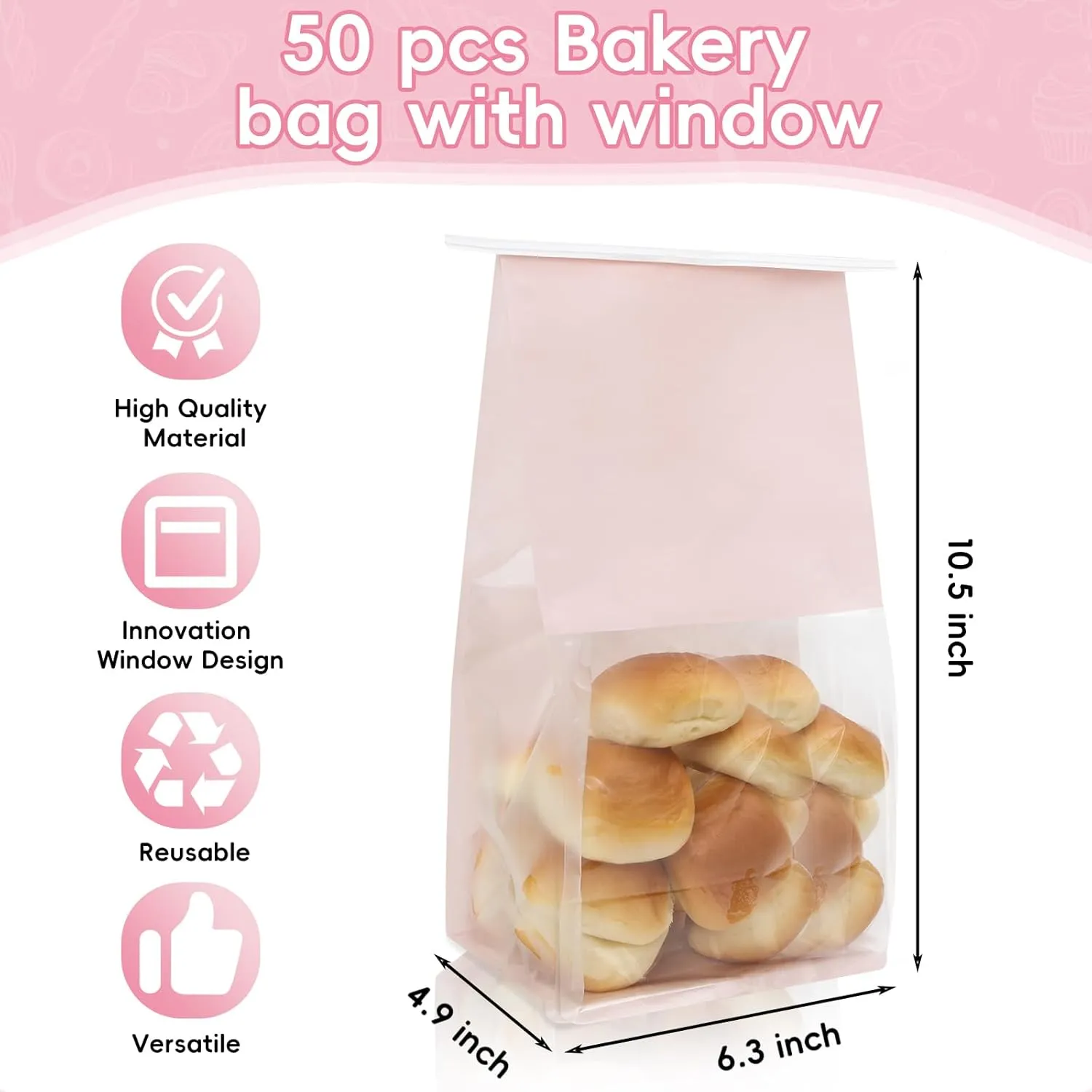 50 pcs Bread Bags for Homemade Breads, Reusable Sourdough Bread Bags Bakery Bag with Tin Tie Tab Lock for Cookie Muffin Baked Foods Packaging (10.2'' X 6.3'' X 5.1'') (Pink)