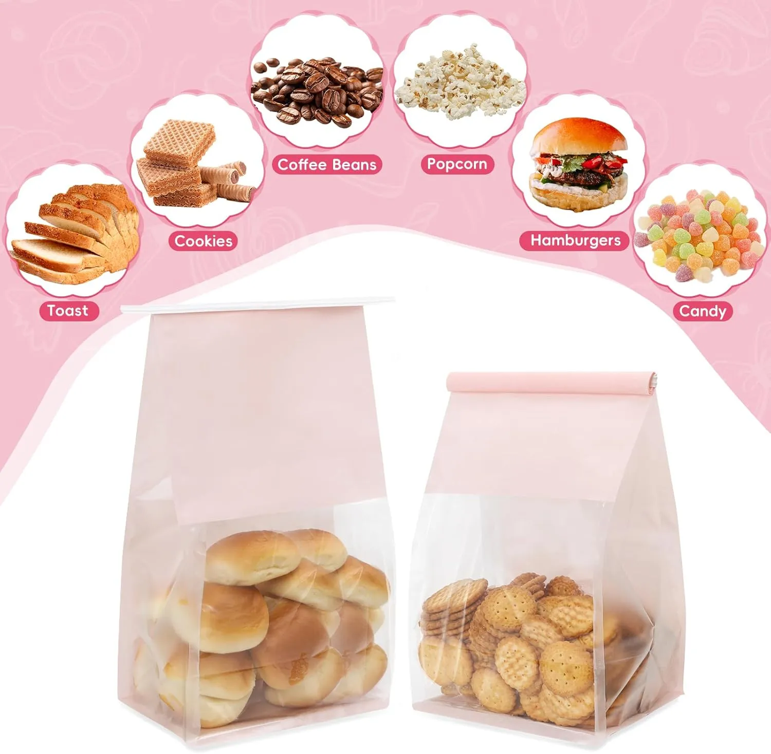 50 pcs Bread Bags for Homemade Breads, Reusable Sourdough Bread Bags Bakery Bag with Tin Tie Tab Lock for Cookie Muffin Baked Foods Packaging (10.2'' X 6.3'' X 5.1'') (Pink)