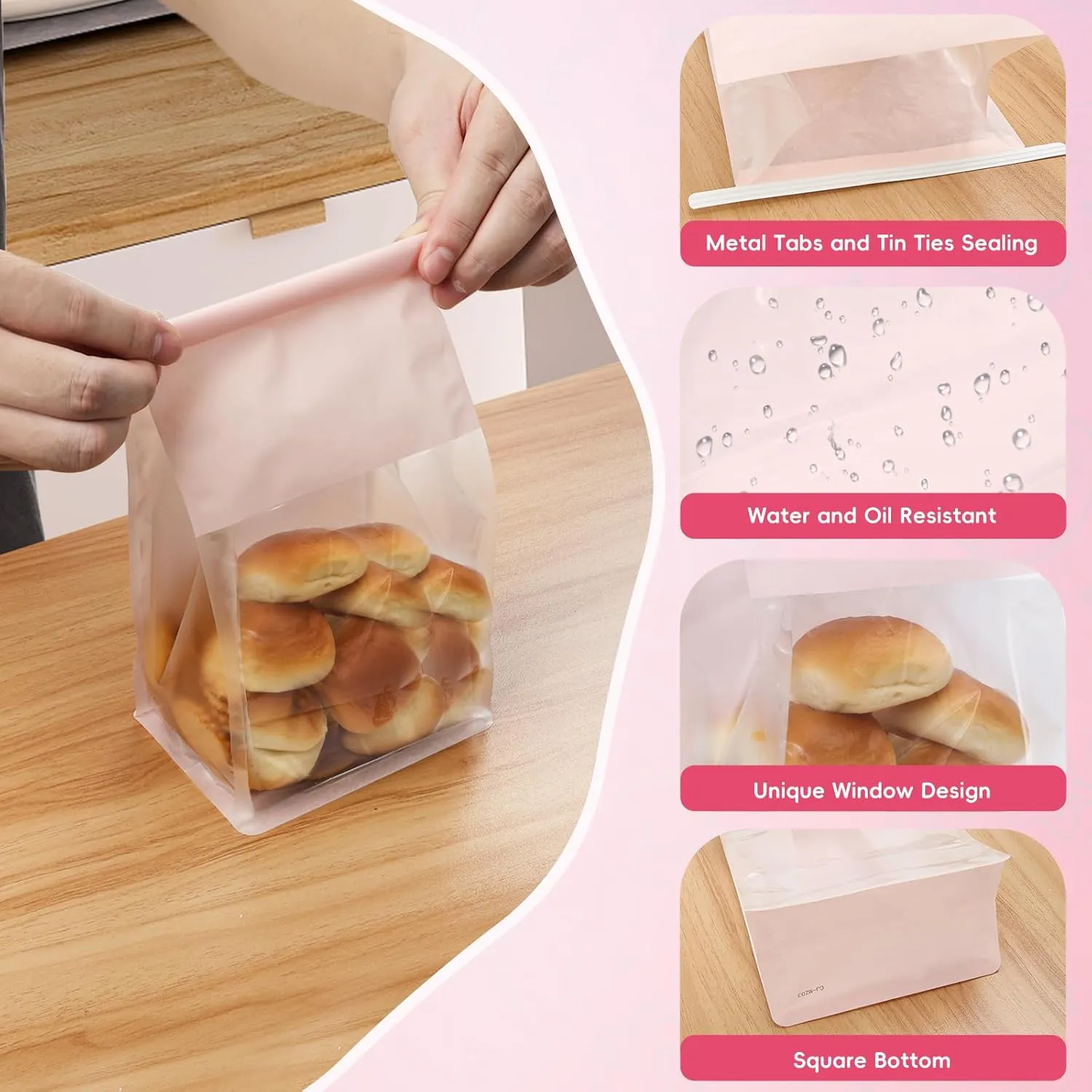 50 pcs Bread Bags for Homemade Breads, Reusable Sourdough Bread Bags Bakery Bag with Tin Tie Tab Lock for Cookie Muffin Baked Foods Packaging (10.2'' X 6.3'' X 5.1'') (Pink)