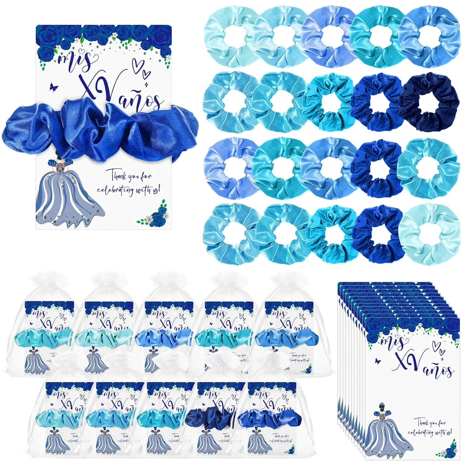 50 Sets Quinceanera Party Favors for Guests Quinceanera Gifts bulk Include 50 Scrunchies 50 Thank You Card 50 Organza Bags for 15 Years Old Sweet 15 Years Birthday(Blue)